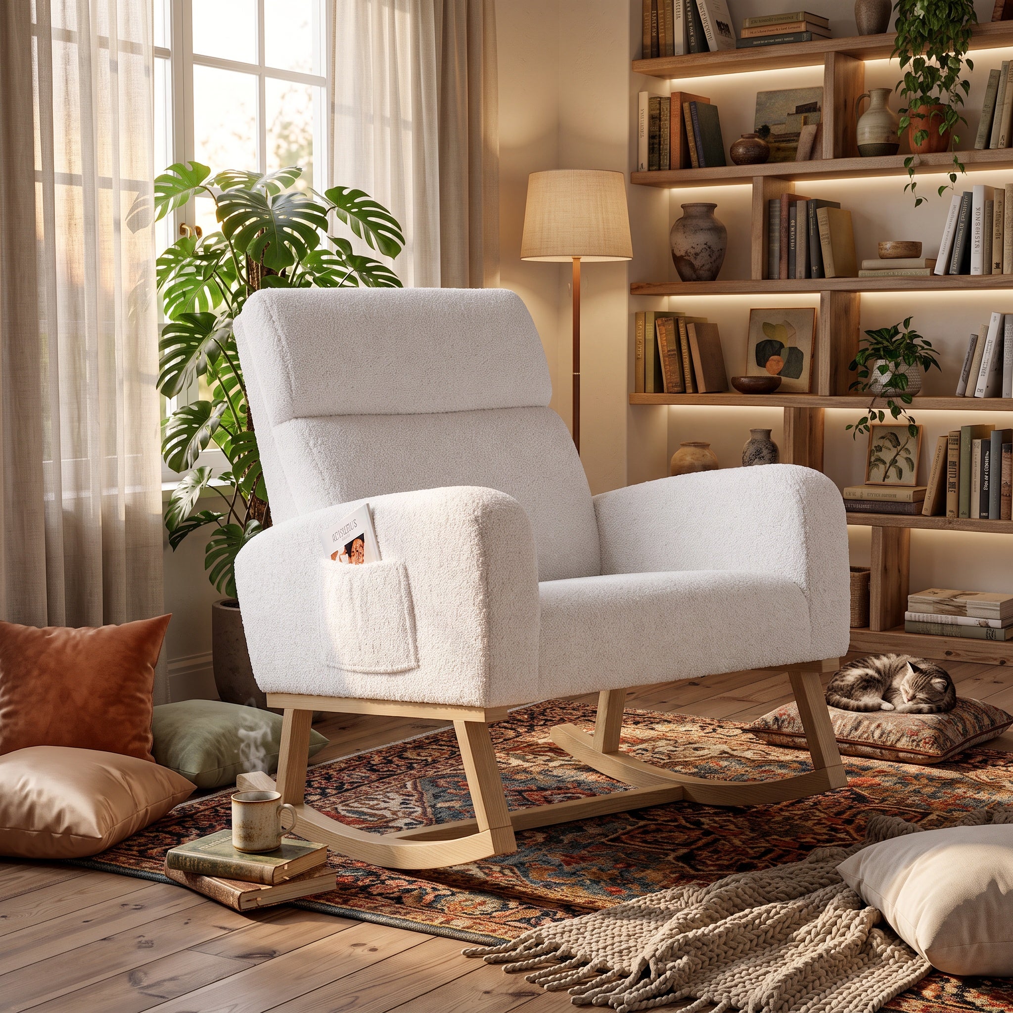 Fauteuil a Bascule, Chaise a Bascule Allaitement avec Poches Latérales et Base en Bois, Fauteuil Rocking Chair interieur extérieur pour Chambre, Blanc - 3