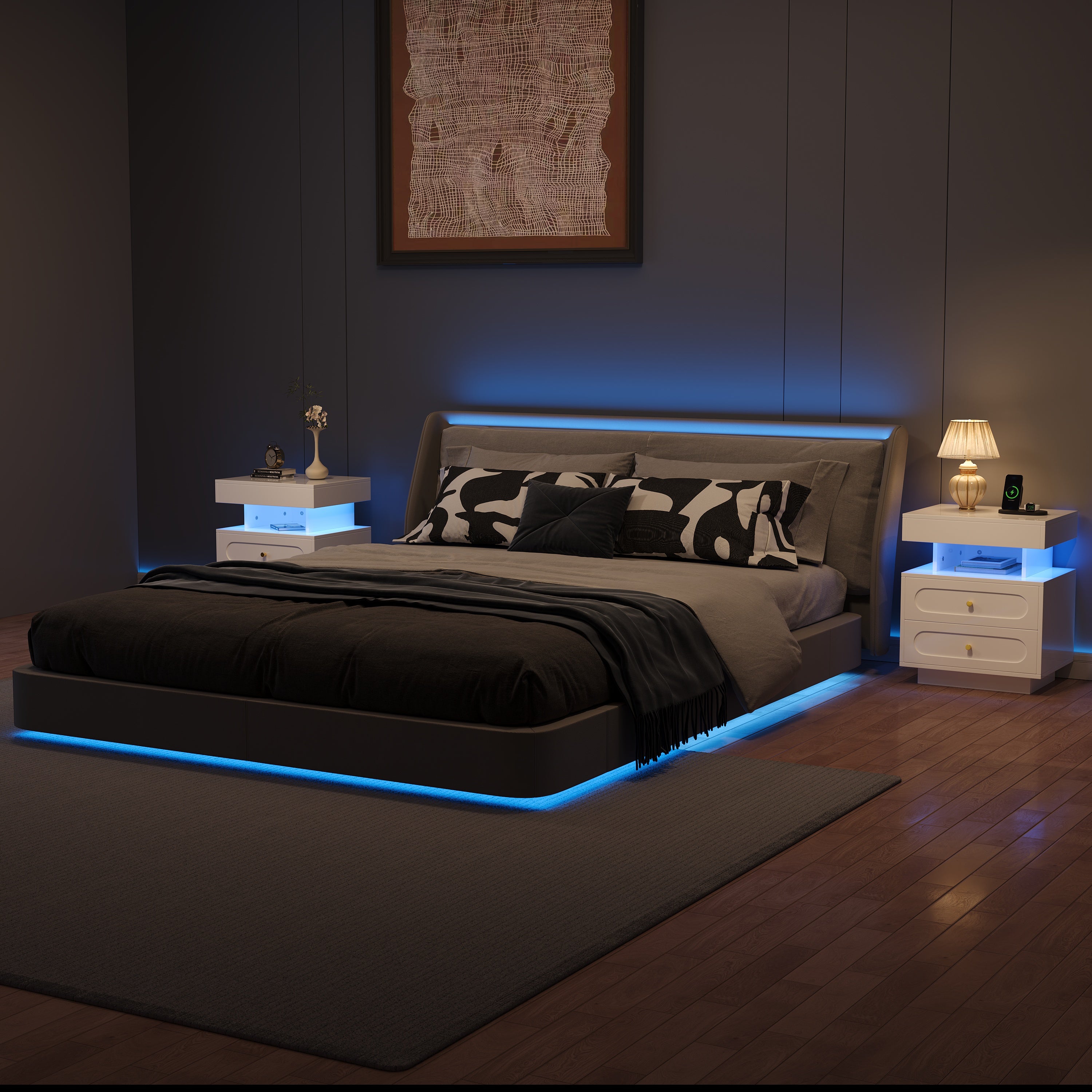 Stolik nocny 50x40x60 cm - z oświetleniem LED - z 2 szufladami i 1 otwartą przestrzenią przechowawczą - Biały - 5