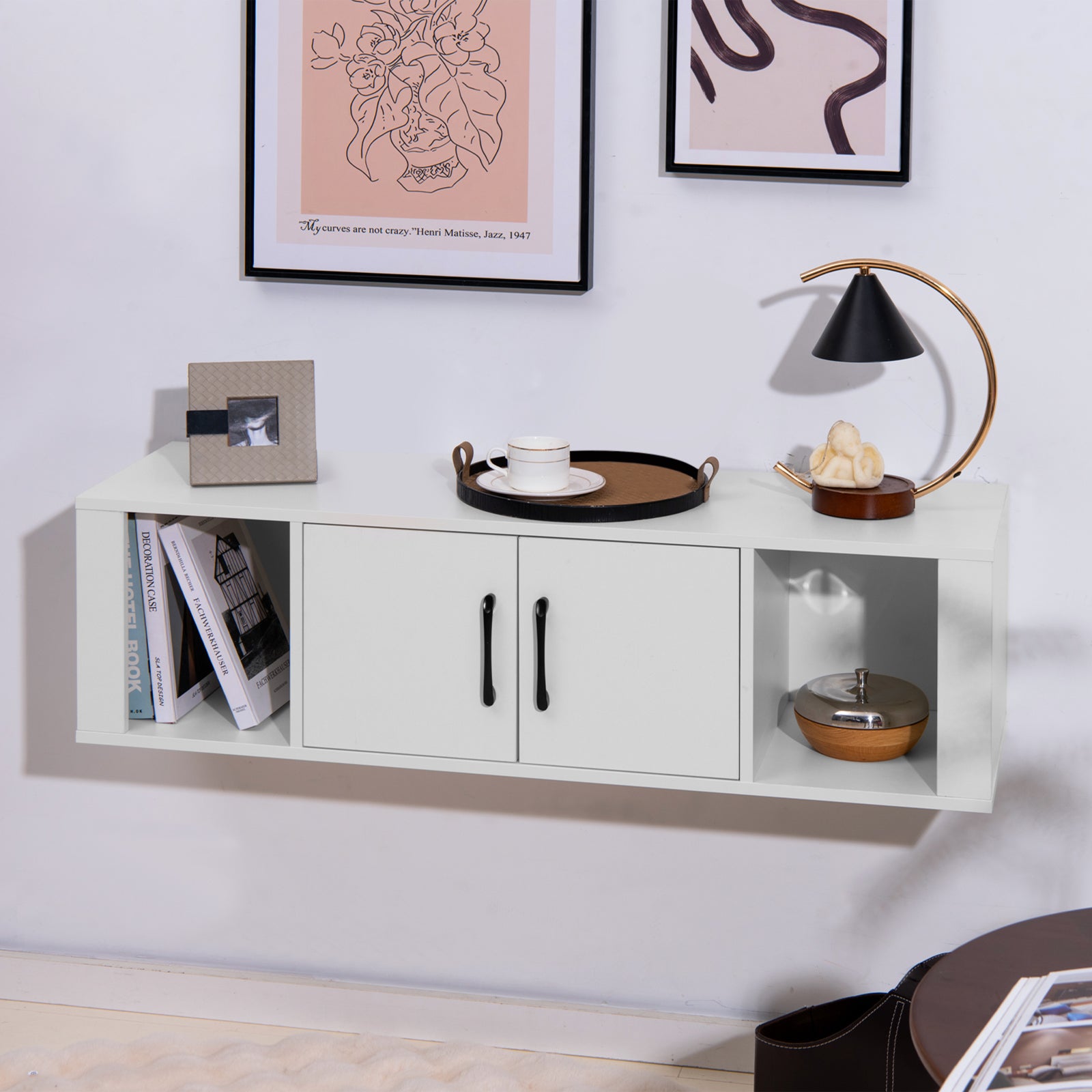 Armoire de Rangement Flottante à 2 Portes, Bureau Suspendu Mural avec 2 Cubes, Meuble de Console sous Télévision, pour Salon, Bureau, Cuisine, Blanc - 6