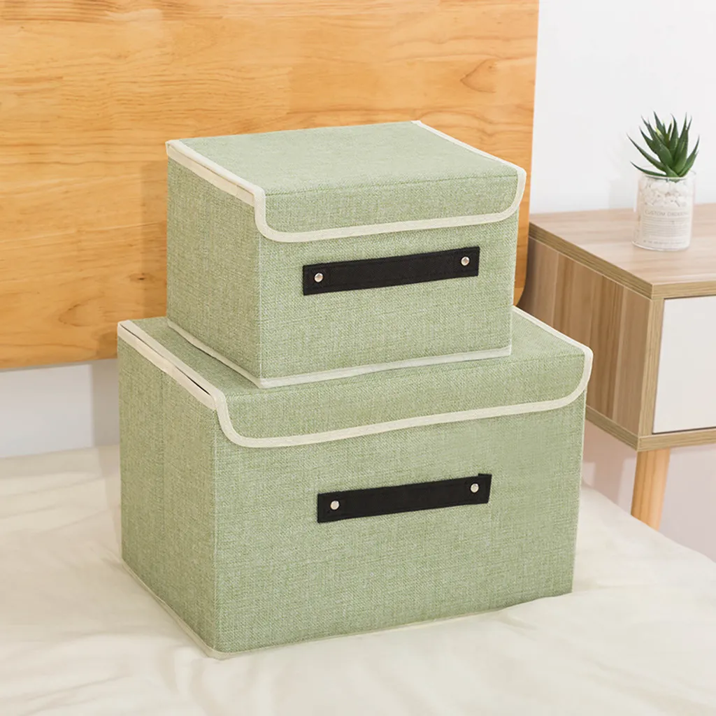 Caja de almacenamiento plegable con tapa, tela, lavable, caja de almacenamiento con tapa, 38x25x25cm/26x20x12cm, 2 piezas, verde