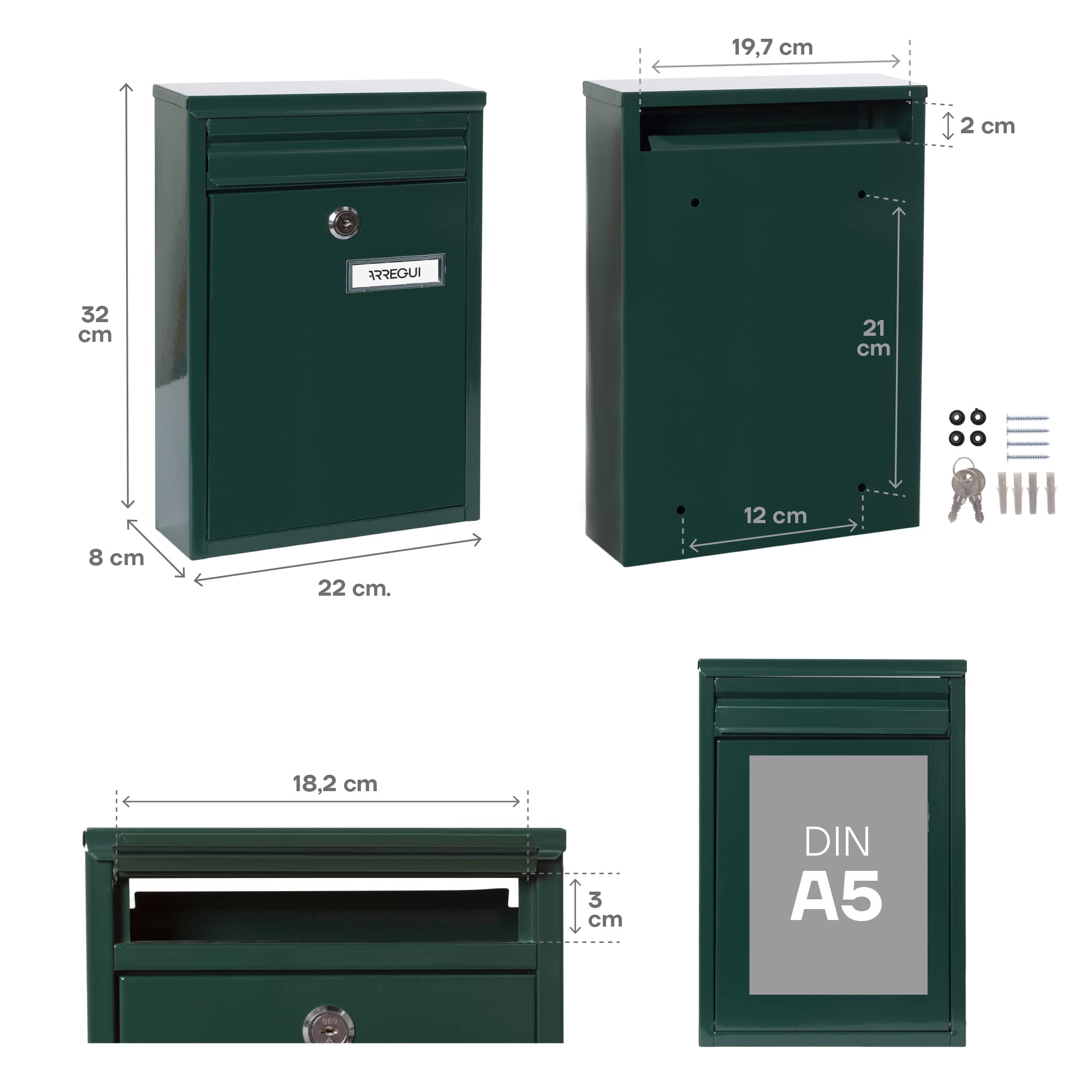 ARREGUI Zaguán E5753 Cassetta Postale Individuale in Acciaio, Cassetta Postale Da Esterno o Raccogliposta, Dimensione S (DIN A5), Verde - 9