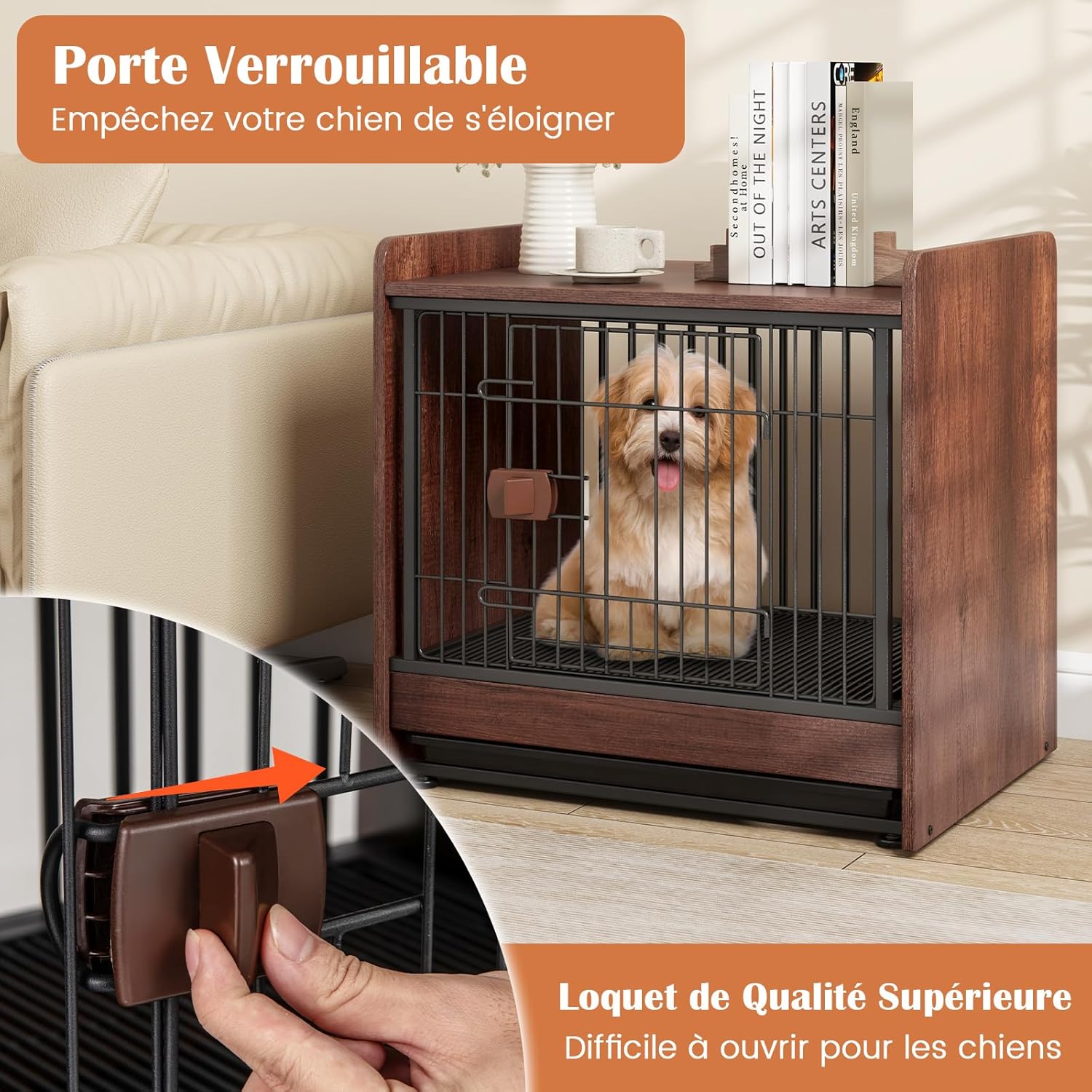 Jaulas para Perros, Casa para Perros Diseño 2 en 1 con Bandeja Extraíble, Puerta Bloqueable, Jaula Interior para Perros con Mesa Lateral para - 6