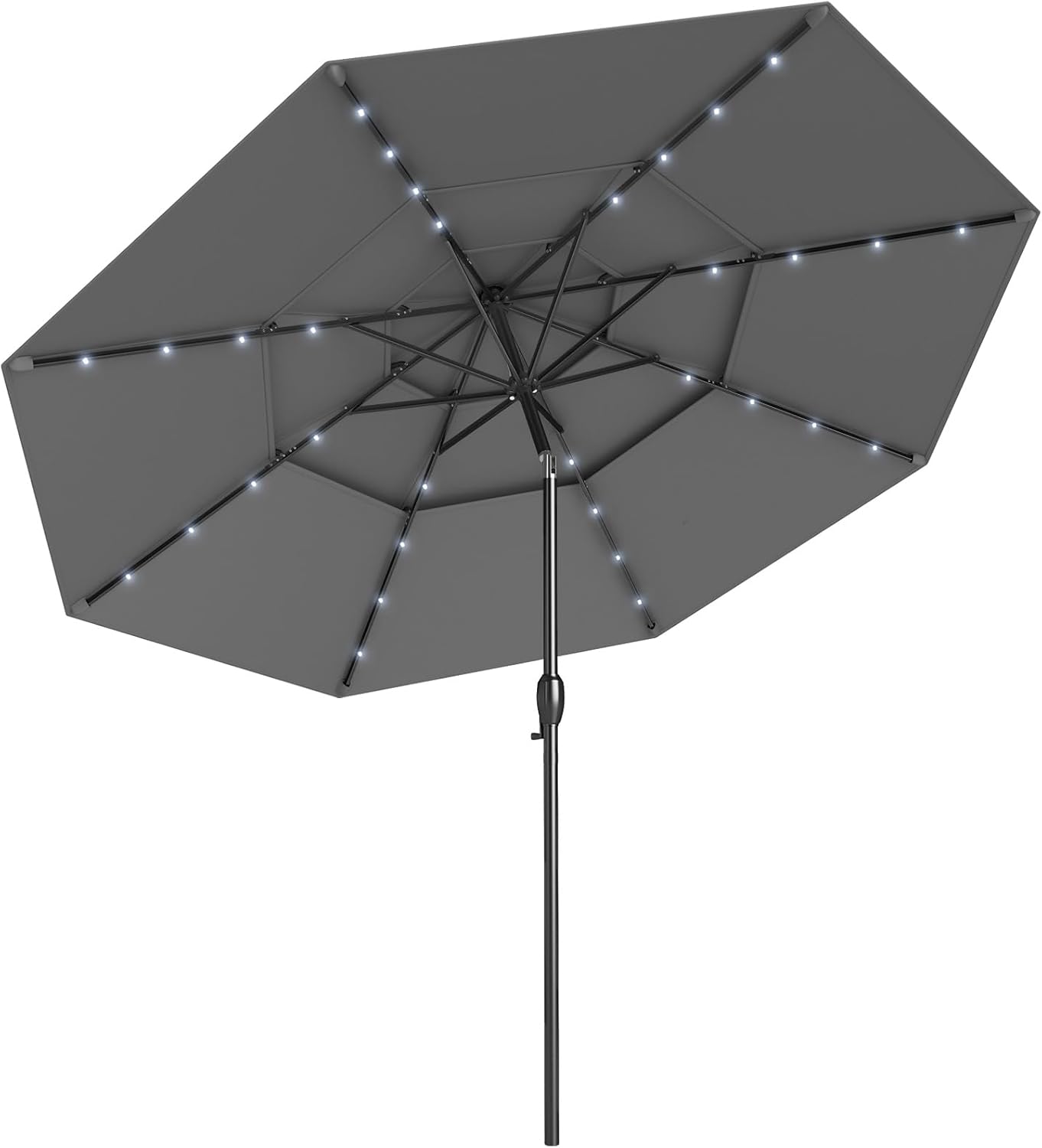 Parasol Ogrodowy z 32 Diodami LED, 3 m, Odchylany Parasol Balkonowy z 3-stopniową Regulacją Nachylenia, 8 Żeber, Korba, Ochrona UV (Szary)