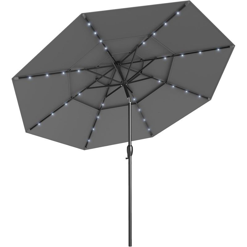 Parasol Ogrodowy z 32 Diodami LED, 3 m, Odchylany Parasol Balkonowy z 3-stopniową Regulacją Nachylenia, 8 Żeber, Korba, Ochrona UV (Szary)