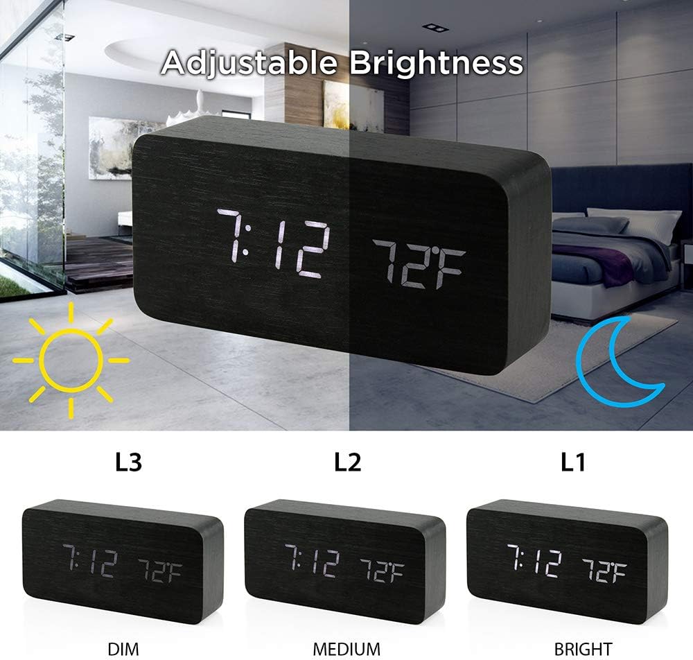 Réveil numérique en bois, réveil multifonction LED en bois avec alimentation USB, commande vocale, minuteur et thermomètre - Noir - 5
