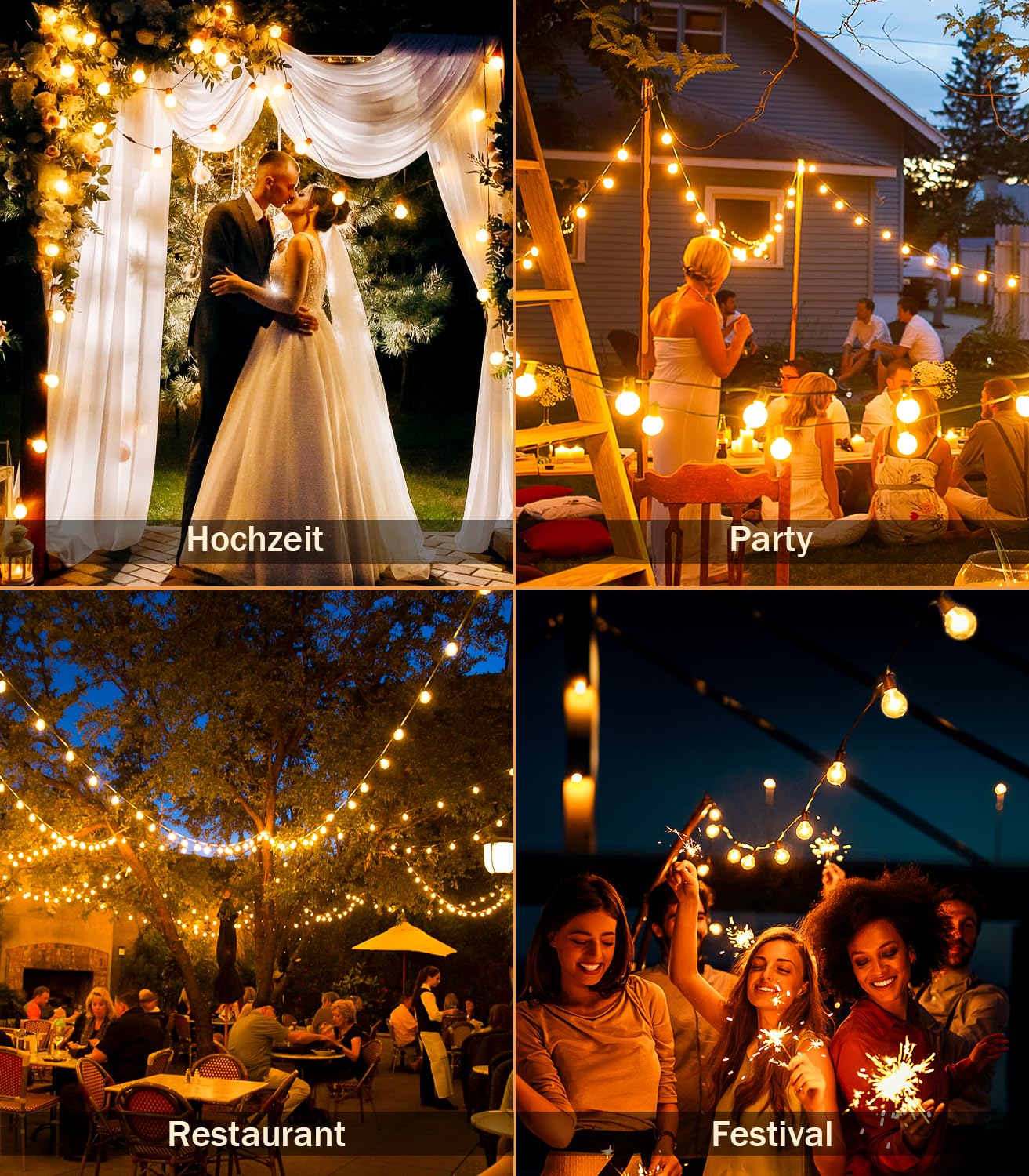 Guirnalda de luces LED para exterior de 30 m (100 pies) - Guirnalda de luces LED para jardín con 52 bombillas G40, IP44 de impermeabilidad, luz cálida - 7