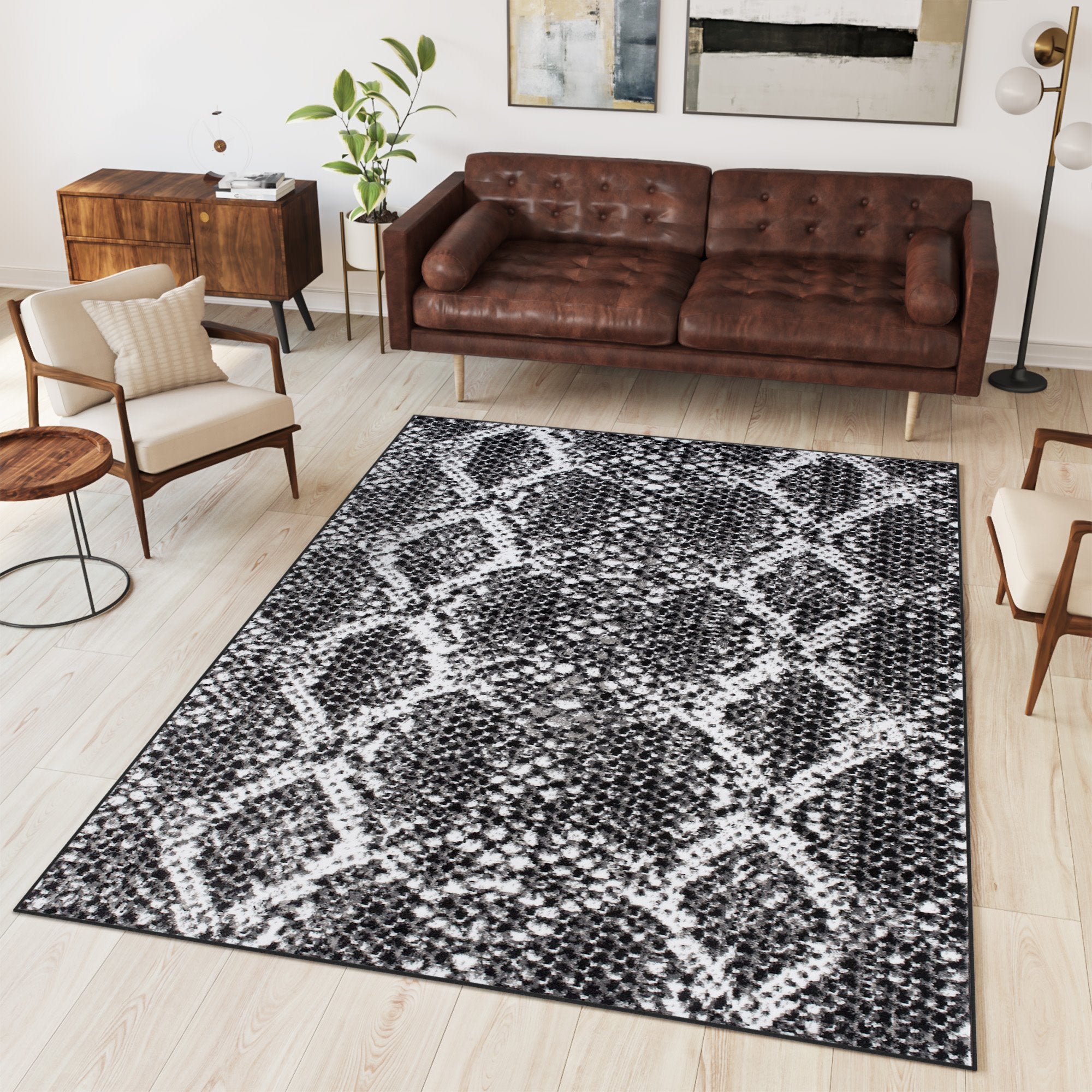 Tapiso dream alfombra salón dormitorio negro blanco serpiente moteado fina 300 x 400 cm