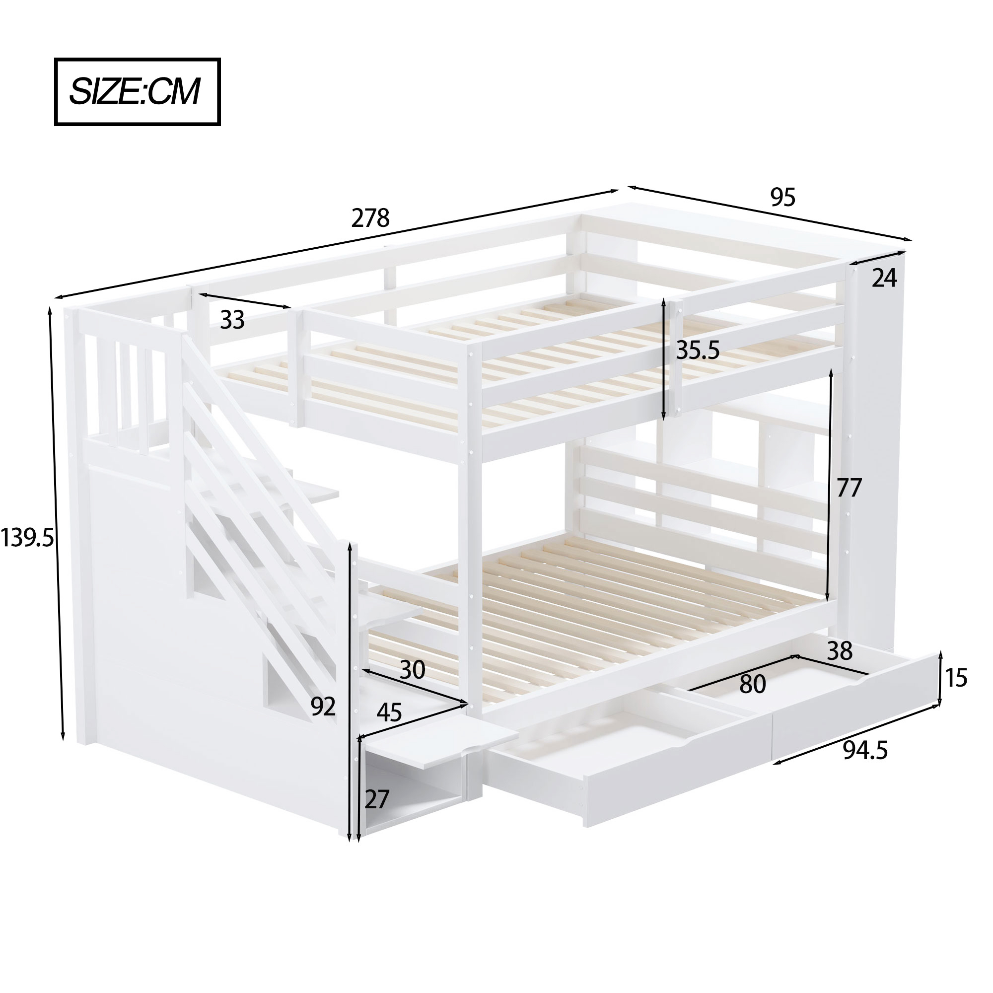 Lit superposé 90 x 200 cm, avec échelle de sécurité, tiroirs de rangement et placard, blanc - 4