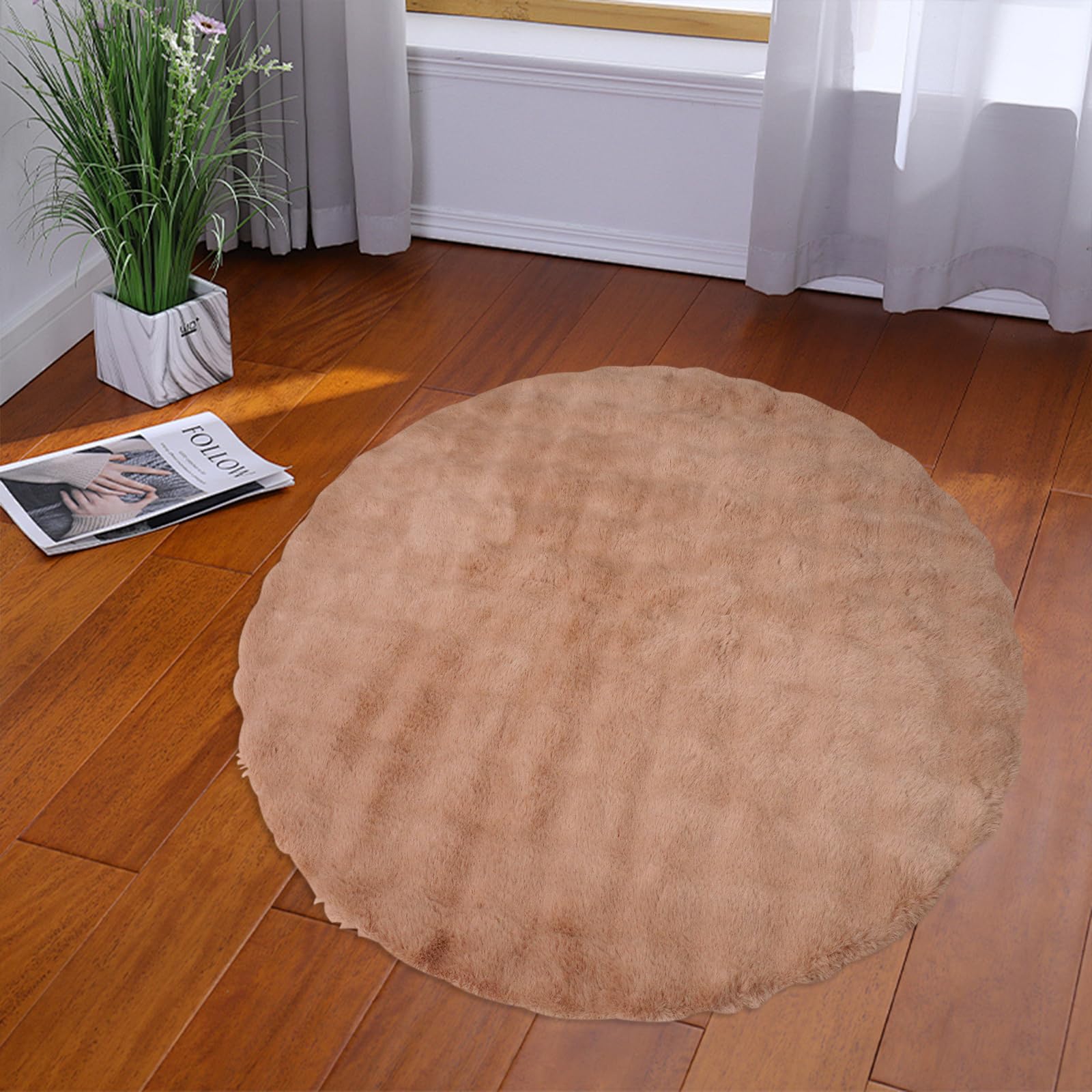 Tapis Fausse Peau de Mouton Rond, Tapis Poil Long, Moquette Intérieure lavable pour Salon, Chambre, Descente de Lit, Diamètre 100cm, Marron - 4