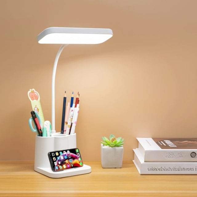 Lampe de bureau moderne alimentée par USB avec commande tactile, variateur 3 couleurs, porte-stylo, lampe de bureau pour étudiant ou employé de bureau