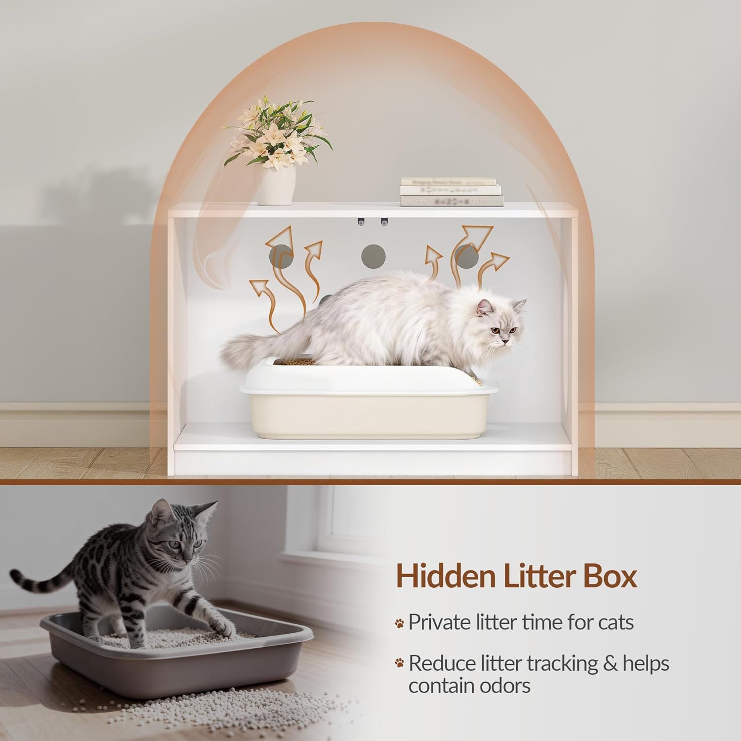 Móvel para caixa de areia para gatos, casa sanitária para gatos com portas de abertura por pressão e orifícios de ventilação, branca - 3