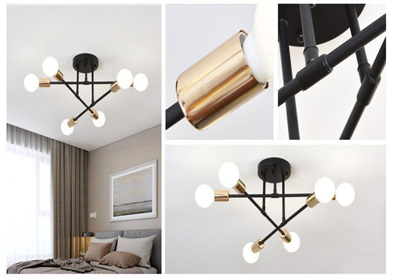 Luminária de Teto Design Minimalista Preto e Dourado em Ferro Forjado para Quarto, 70cm, E27 - Luminária Moderna, Iluminação Suave, Durável - 2