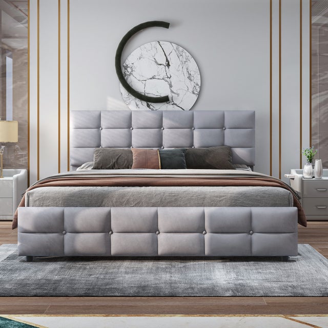 Letto imbottito 180x200 cm in velluto con 4 cassetti + rete a doghe - Grigio