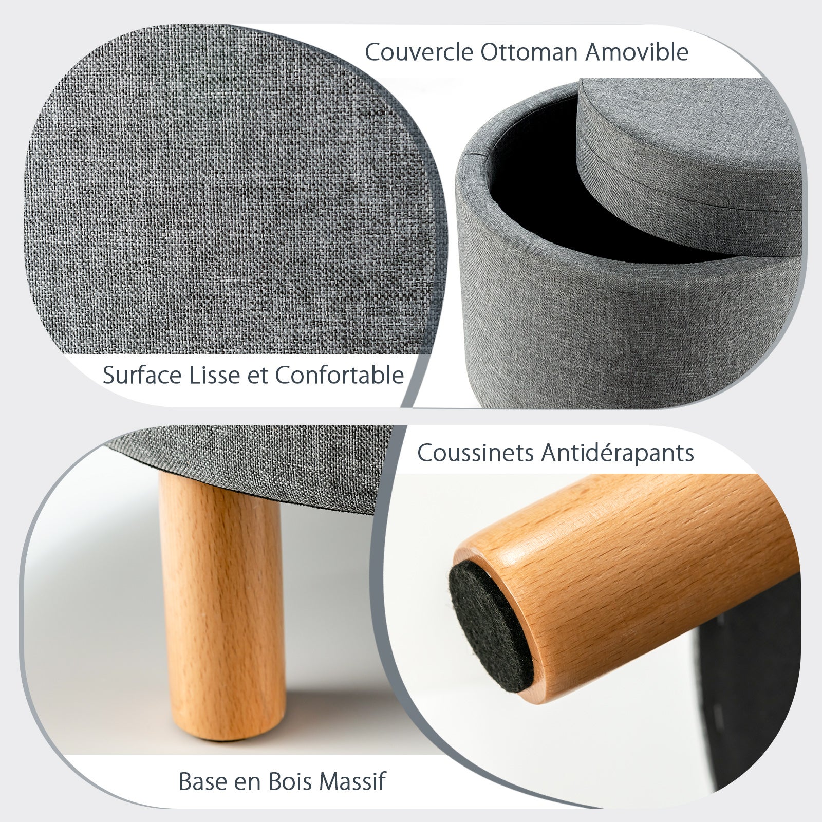 Pouf Rotondo con Contenitore e Vassoio, Poggiapiedi Imbottito con Base in Legno e Piedini Antiscivolo, Tavolino da Caffè per Soggiorno, Camera - 5