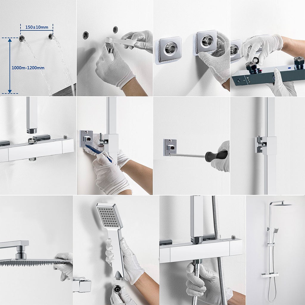 Aica Kit doccia doppia testa, con rubinetto doccia termostatico e doccia quadrata, colonna doccia regolabile in altezza - 6
