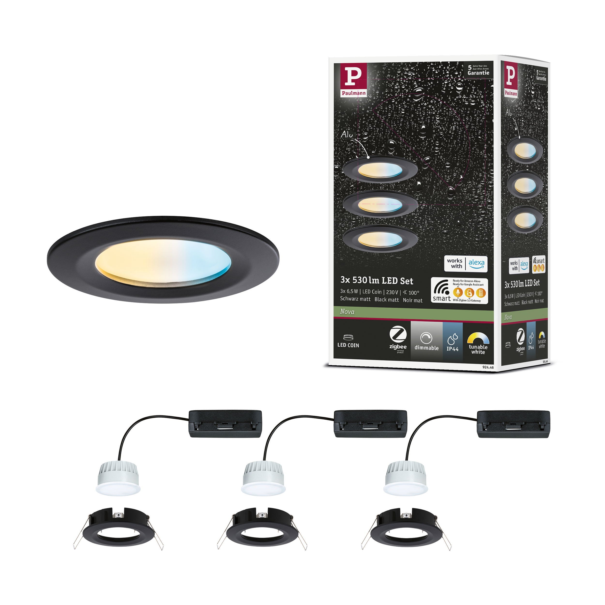 Spot encastré LED Nova Coin IP44 rond 78 mm Tunable White 3x6W 3x530lm 230V Noir mat Aluminium