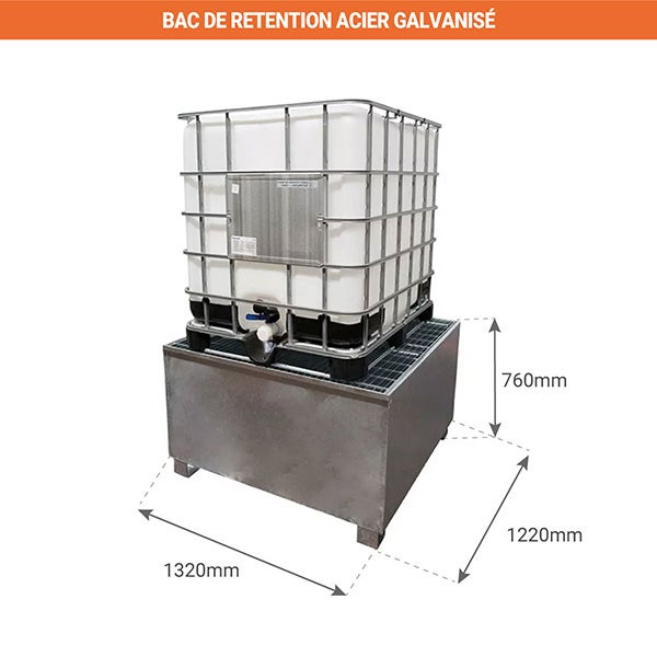 Bac de rétention en acier galvanisé - 4 fûts ou 1 cuve - 1000L - MCT1000-C - 2