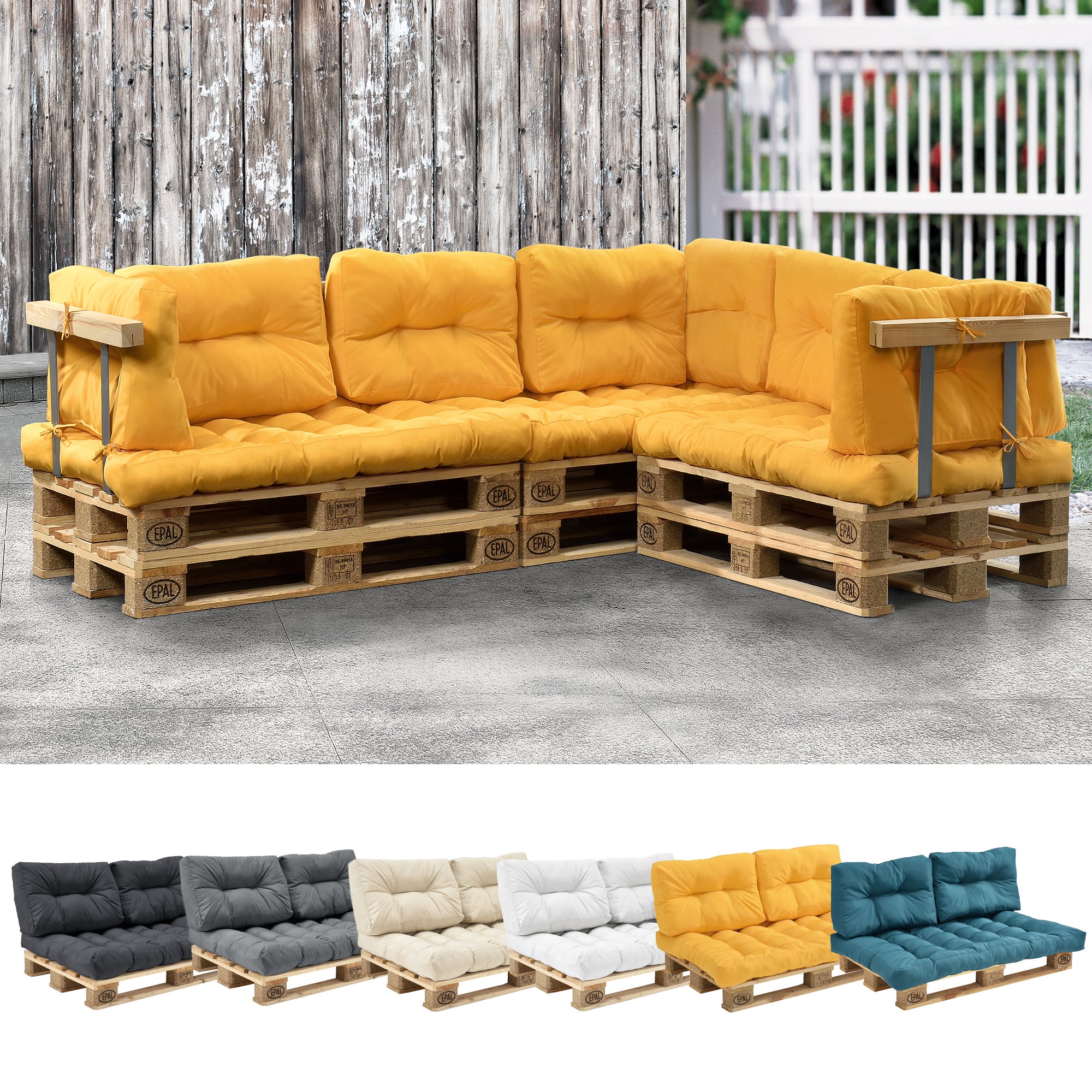 [en.casa] 1x cojín de asiento para sofá- palé / para europalé [mostaza] cojín in/outdoor - cojín acolchado - válido para exteriores