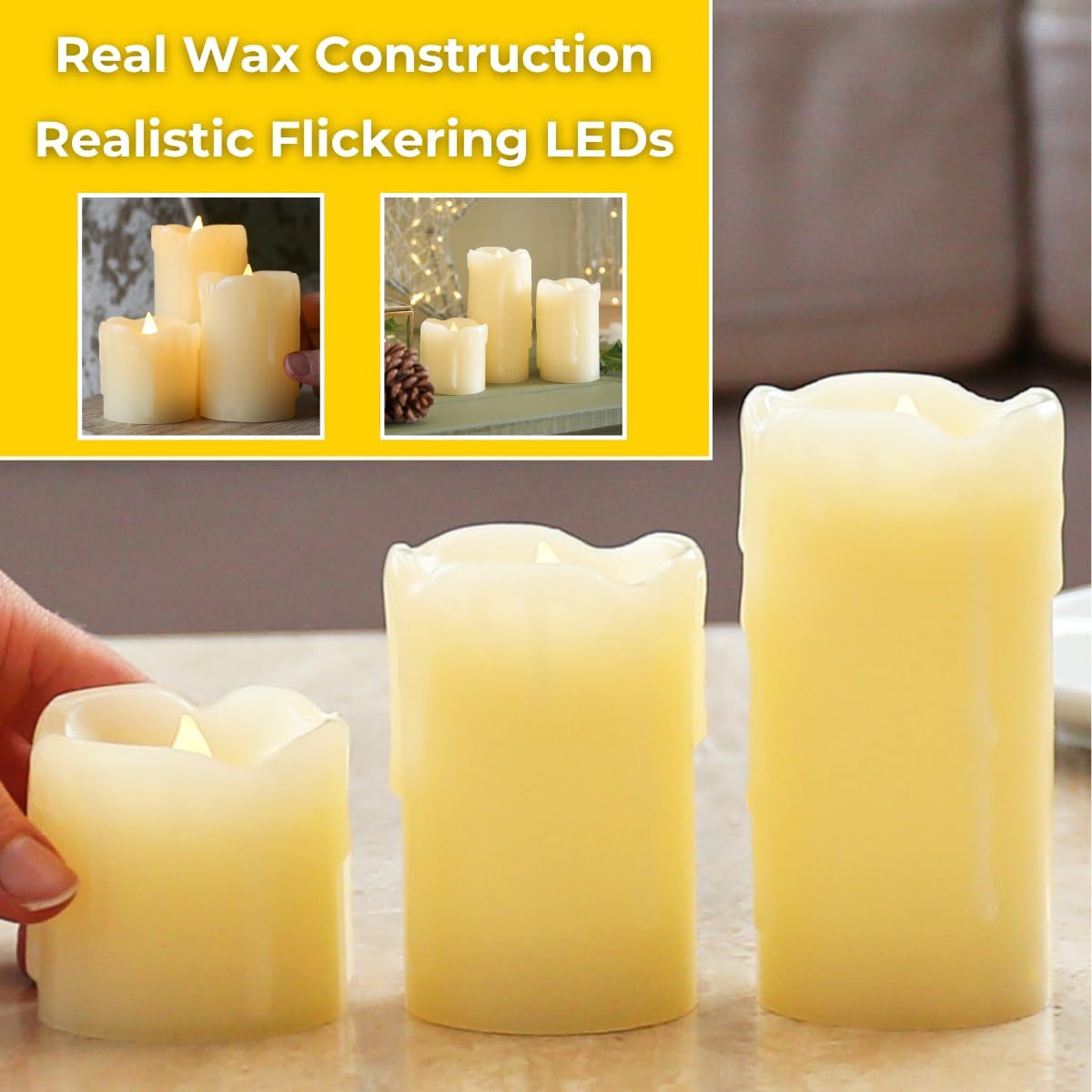 Lot de 3 Bougies LED Effet Flamme Vacillante en Cire Effet Fondu type Pilier Éclairage Ultra Réaliste (Piles Incluses) (Lot de 3) - 4