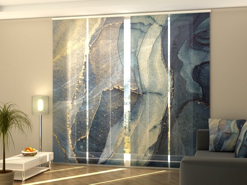 4 paneles japoneses wellmira 60x270 cm con riel de 240 cm 4 vías, abstracción de lujo en azul y dorado