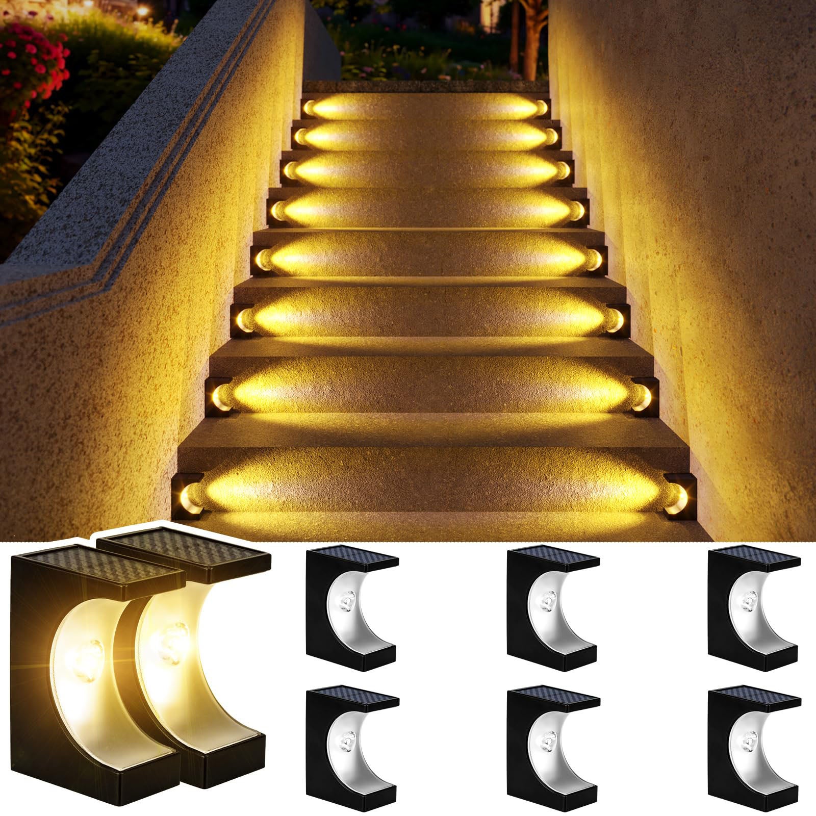 Paquete de 8 luces solares para escalones, impermeables para terraza y camino, con encendido y apagado automático, blanco cálido
