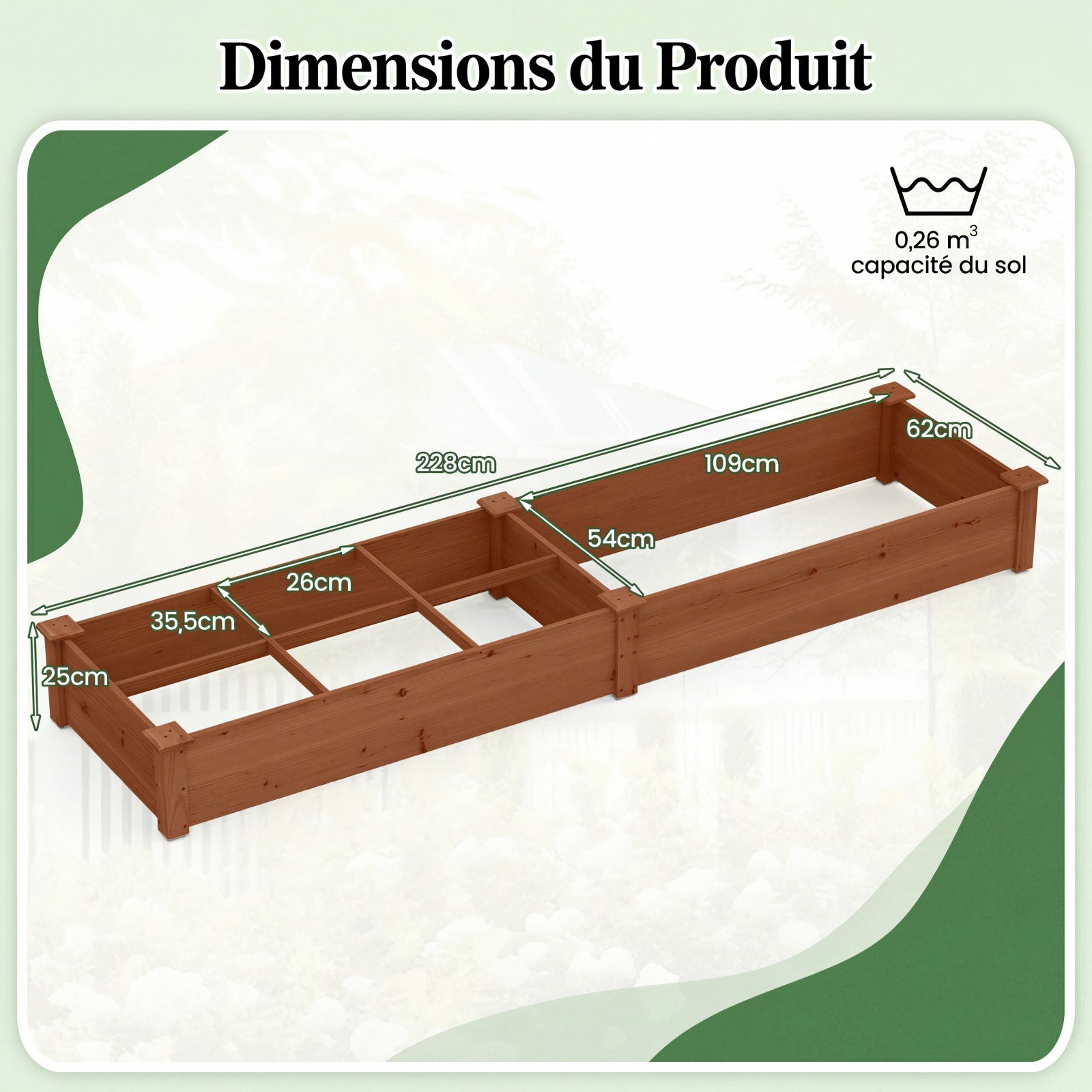 Carre Potager en Bois de Sapin 228x62x25 CM avec Fond Ouvert, Potager Exterieur avec 1 Grand Bacs à Plantation, 6 Petit Bac pour Fleurs Légumes Fruiit - 3