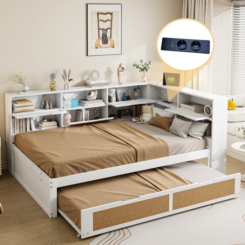 Sofa z funkcją spania z litego drewna 140x200cm - Z wysuwanym łóżkiem - Z wieloma schowkami - Z portem ładowania - Biała