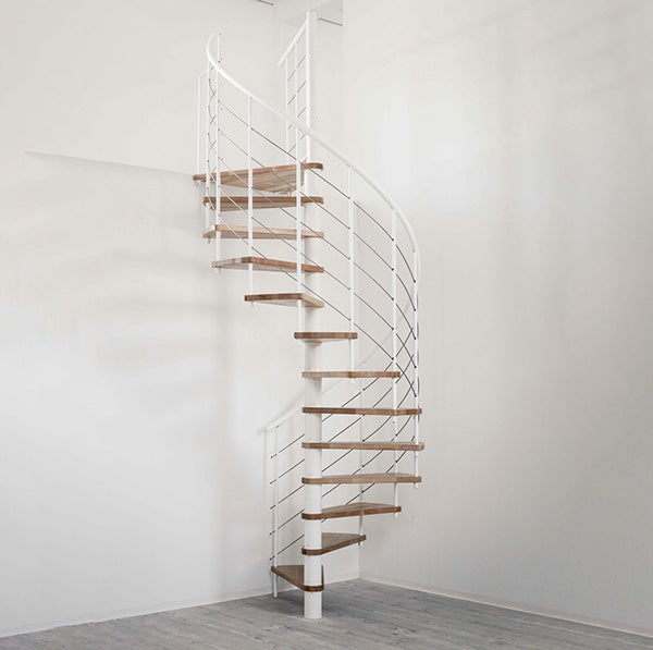 Escalier colimaçon 14 marches - Hauteur à franchir 2.75 à 3.29m - Structure blanche et marche hêtre - Diamètre 100cm - VENE100/BH-14 - 3