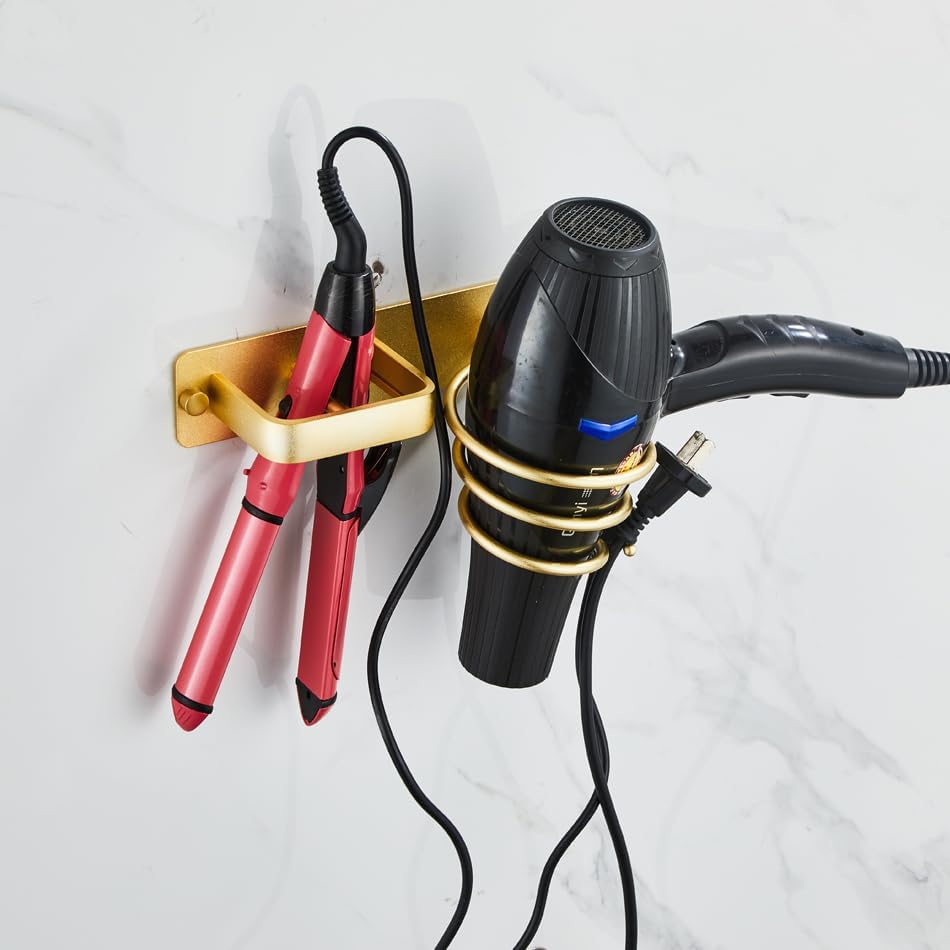 Supporto per asciugacapelli, supporto per piastra con vano portacavi, supporto da parete in metallo per riporre asciugacapelli, spazzole e altro (oro) - 2