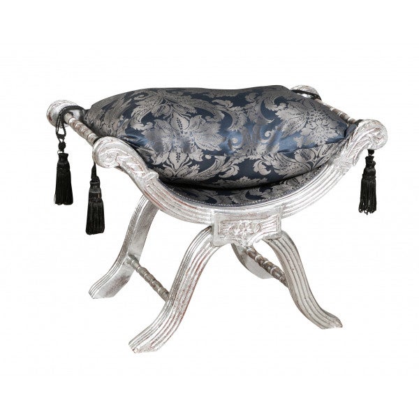 Biscottini reposapiés de madera maciza de haya - puf con acabado en plata antigua - taburete para salón y dormitorio - 46x74x54 - made in italy