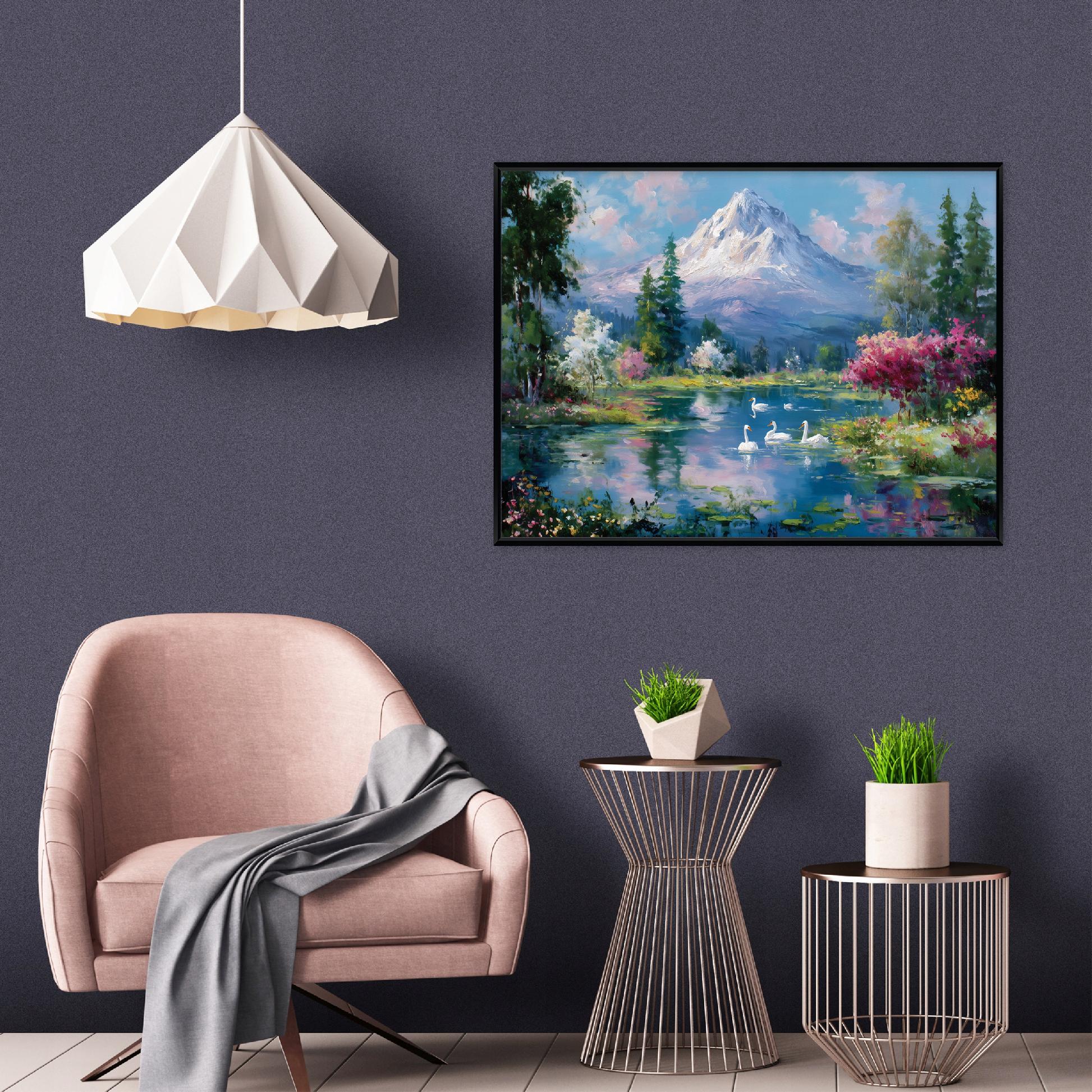 Tableau avec cadre Impression Sur Toile Montagnes Bleu Paysage - 120x80 cm - Tableau avec cadre Chambre et salon - 2