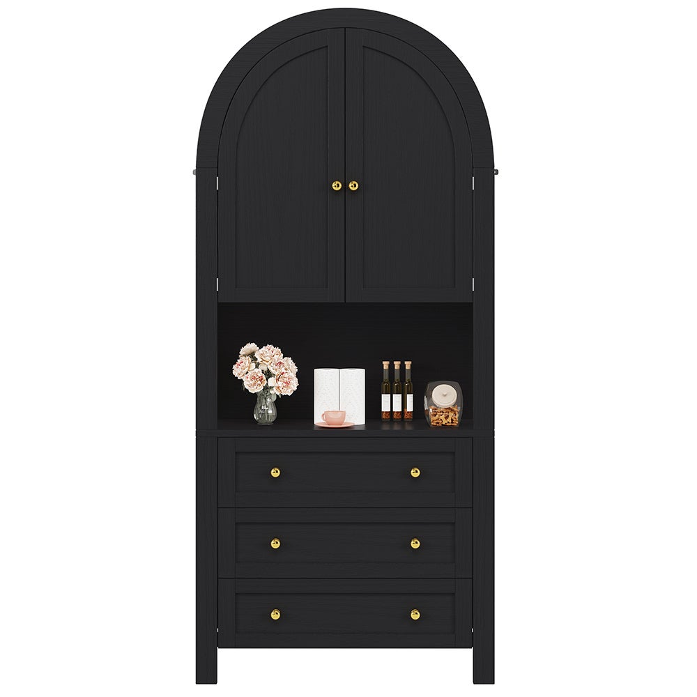 Armoire haute rangement, tiroirs/portes, étagères courbées noires, espace exposition ouvert - 5