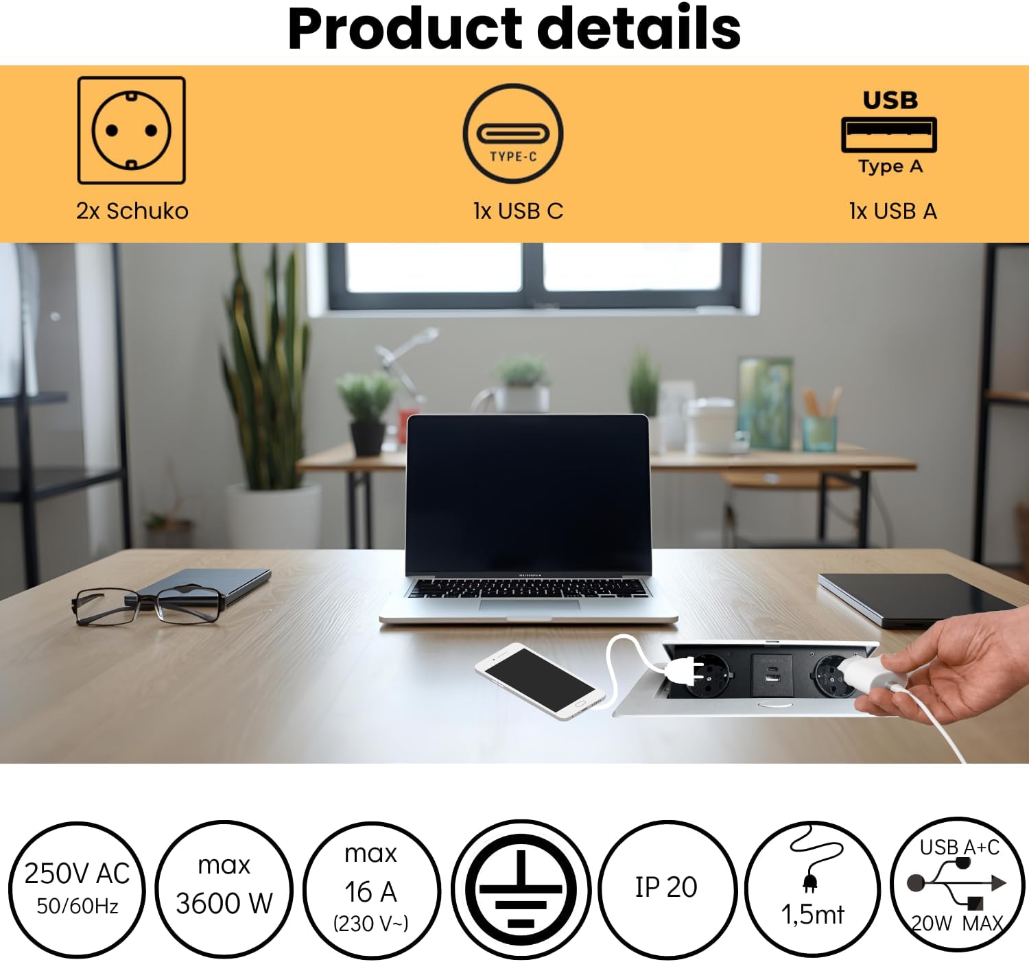Multiprise Encastrable Escamotable avec 2 Prises SCHUKO + 2 Prises USB (A+C), Câble de 1,5 m – Pour Bureau et Table (Couleur Aluminium) - 4