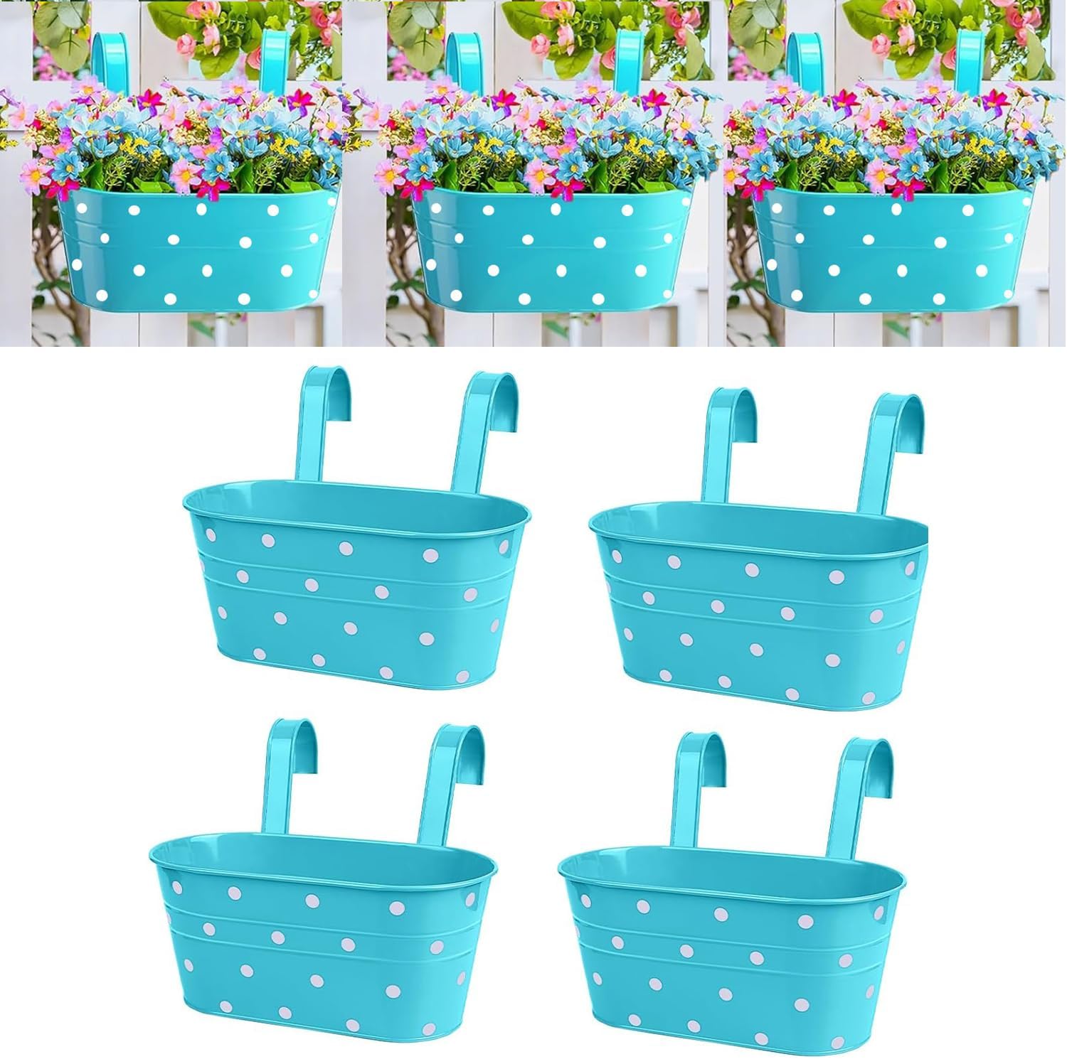 Zestaw 4 metalowych wiszących doniczek z otworem drenażowym – z wyjmowanymi podwójnymi haczykami – do dekoracji balkonu w ogrodzie – niebieski