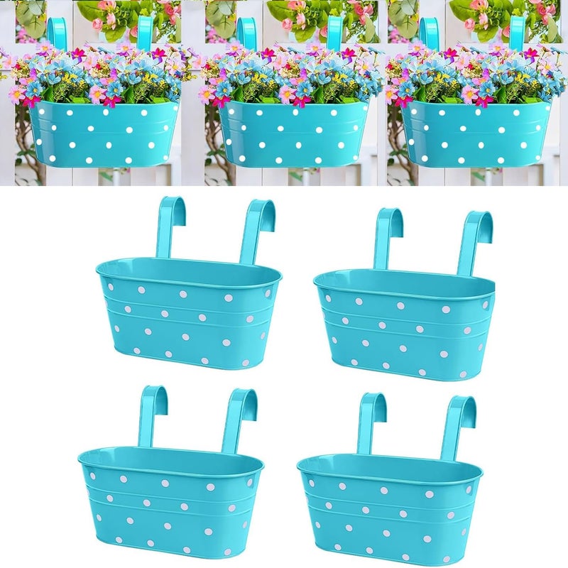 Zestaw 4 metalowych wiszących doniczek z otworem drenażowym – z wyjmowanymi podwójnymi haczykami – do dekoracji balkonu w ogrodzie – niebieski