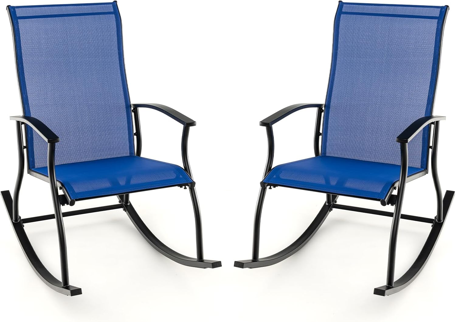 Zestaw 2 krzeseł bujanych, z wysokim oparciem i oddychającym materiałem do siedzenia, krzesła ogrodowe do ogrodu, na werandę, basen, niebieskie