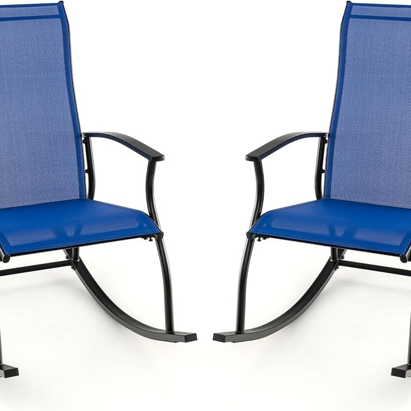 Zestaw 2 krzeseł bujanych, z wysokim oparciem i oddychającym materiałem do siedzenia, krzesła ogrodowe do ogrodu, na werandę, basen, niebieskie