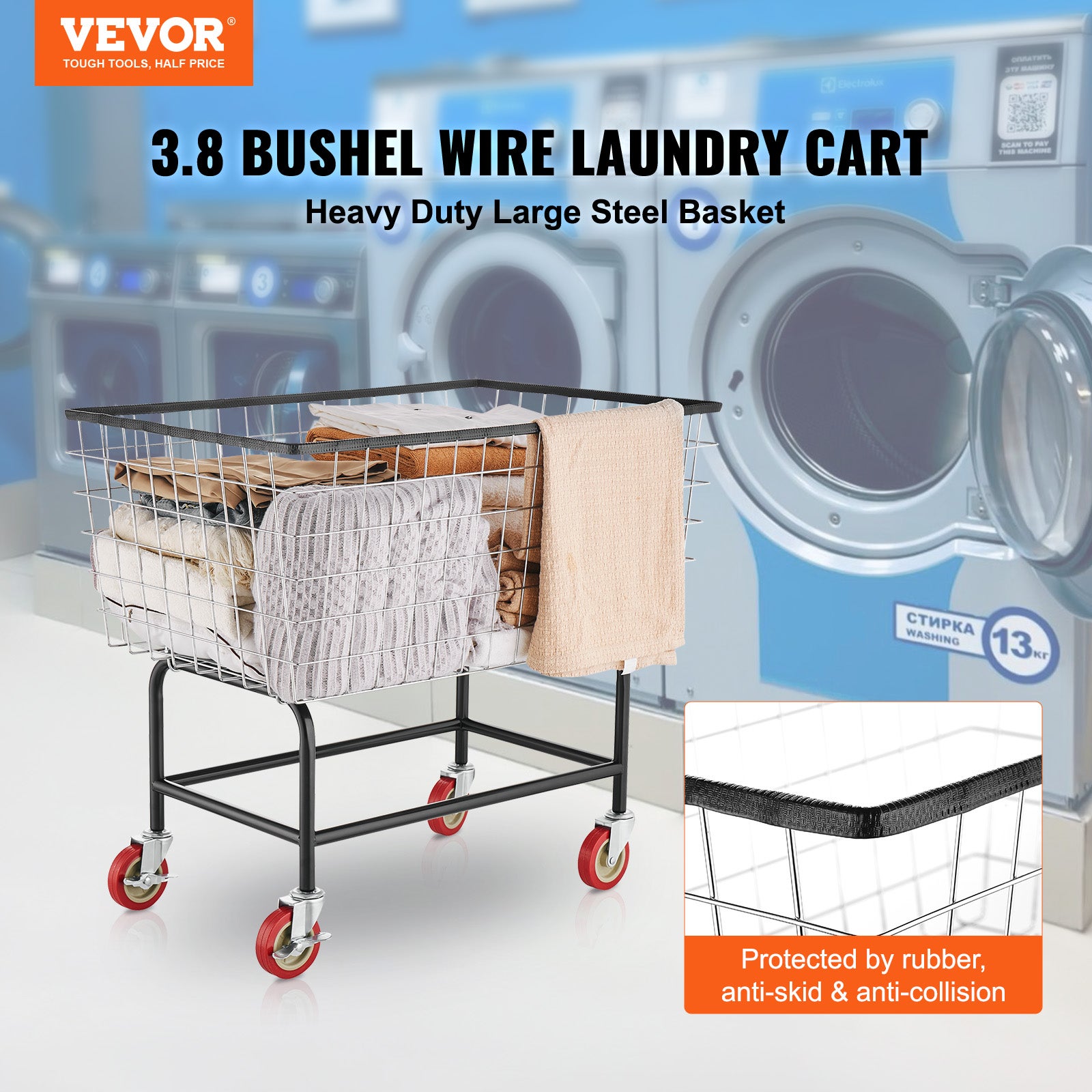 VEVOR Chariot à Linge Fil Métallique 158 L – Panier Mobile Commercial Sur Roulettes, Acier Galvanisé, 4,5 Boisseaux VEVOR Chariot Fil Métallique