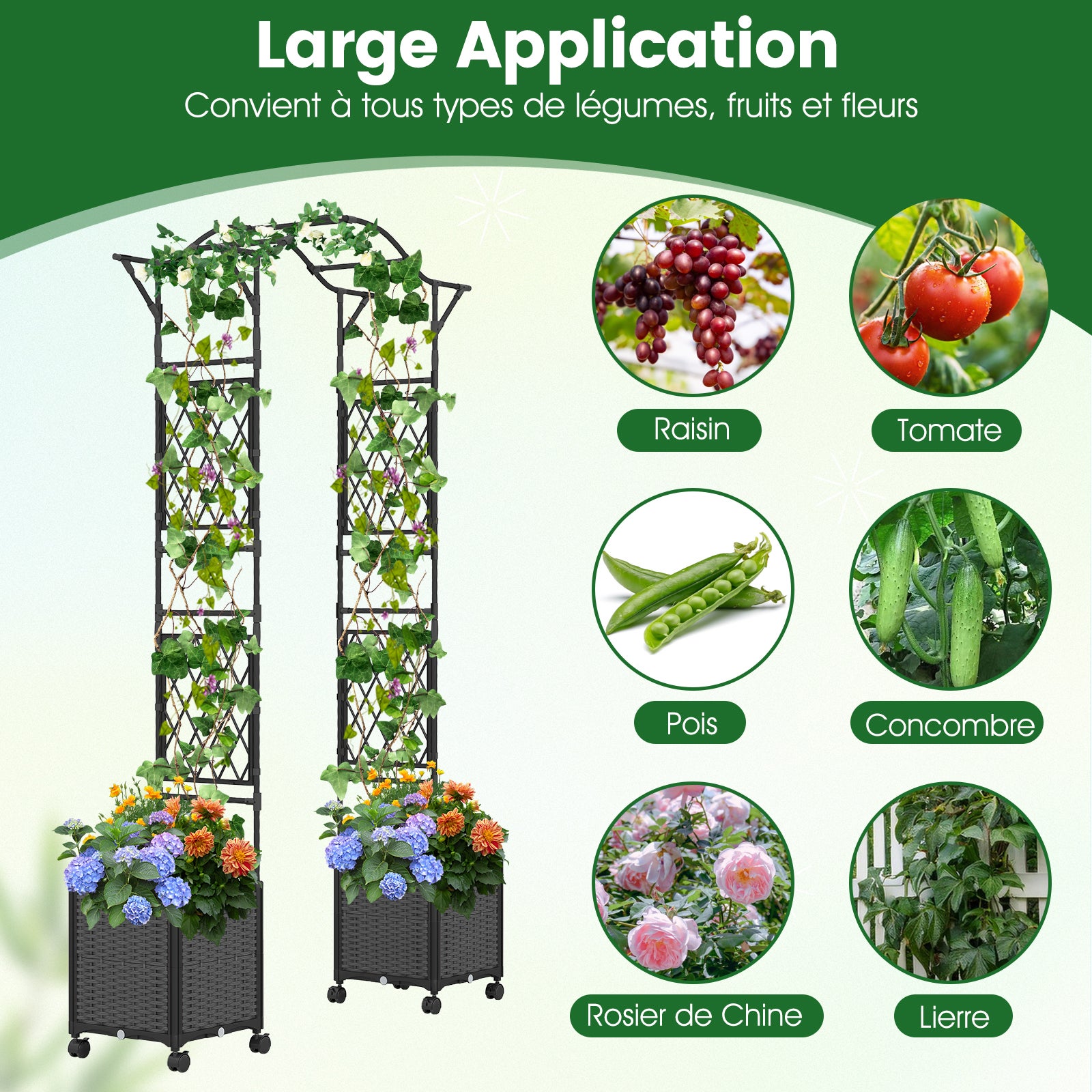 Arche de Jardin 208 CM avec 2 Bacs Jardinière et Treillis, Pergola Extérieur en Métal Revêtu de PE Antirouille avec d'Auto-Arrosage Roues, Gris - 9