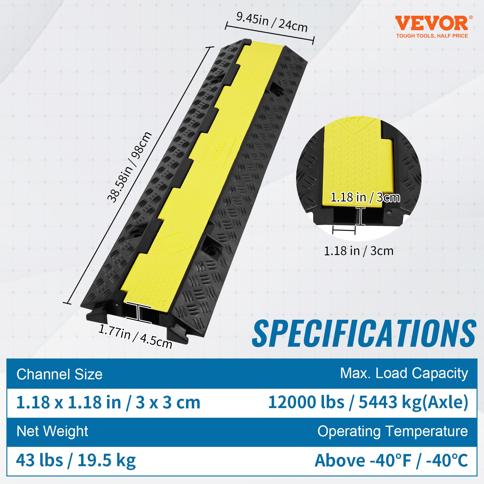 Rampe Protection Cable VEVOR 3PCS 2 Canaux Passage Cable au Sol Charge 5443 kg/Axe Caoutchouc PVC Passe Cable Ralentisseur Modulaire Rabattable Ruban - 7