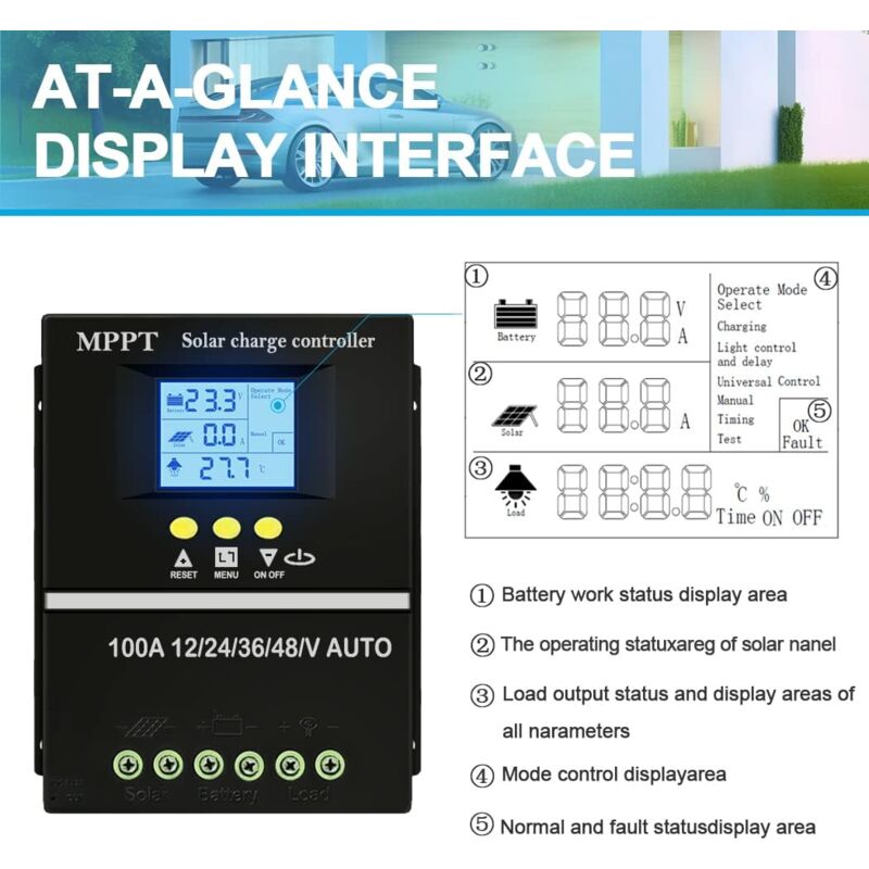 Régulateur de charge solaire MPPT 100A 12V 24V 36V 48V – Écran LCD – Double port USB – Efficacité jusqu'à 99,5% - 5