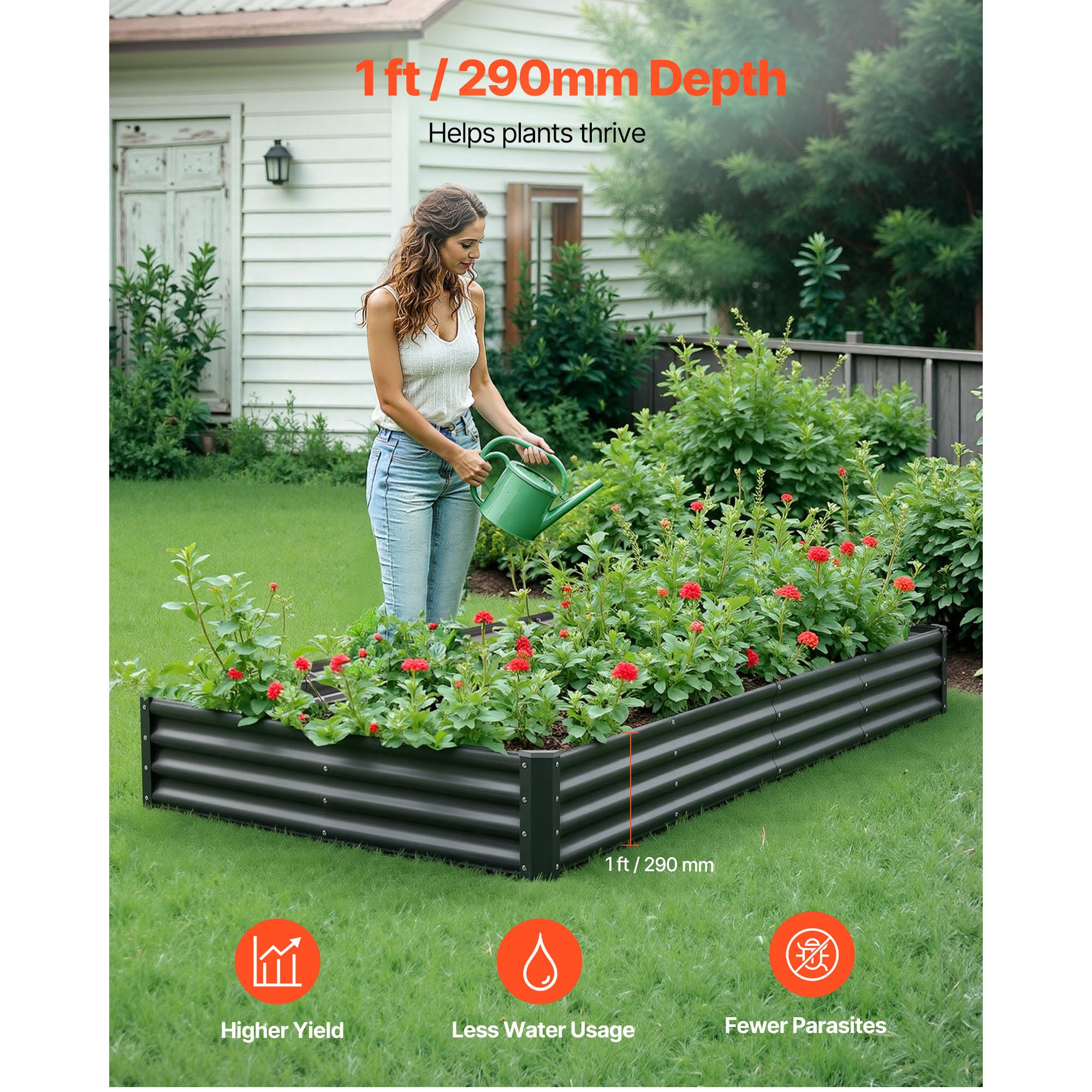 Potager sureleve SucceBuy en metal 240x120x29 cm, bac jardinage en galvalume a fond ouvert pour legumes, fleurs, herbes et plantes grasses, gris fonce - 2
