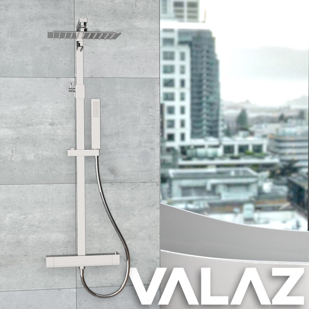 Valaz Barre de douche thermostatique carrée réglable jusqu'à 120 cm chromée - Série Segura - 20 cm - 5