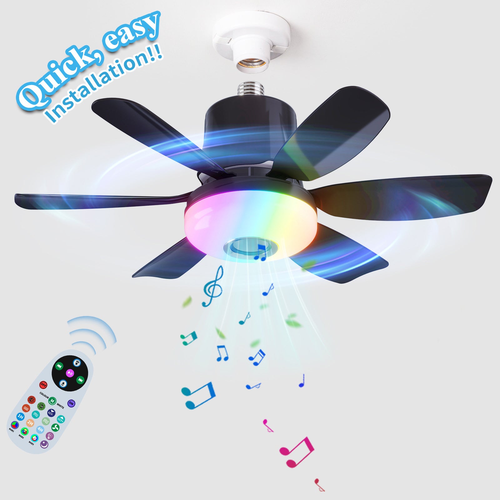 Wentylator sufitowy 48 cm z pilotem i oświetleniem, głośnik Bluetooth, 3 temperatury barwowe, 3 tryby RGB, 3 prędkości, czarny