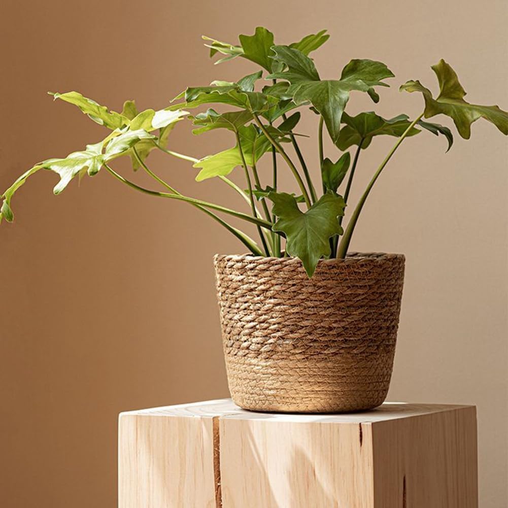 Vaso Intrecciato In Paglia Per Piante - Cesto Portaoggetti In Iuta E Legno, Con Rivestimento Interno In Plastica, Marrone, Misura Media (Diametro 18cm, Altezza 15cm), Per Interni/Esterni - 2
