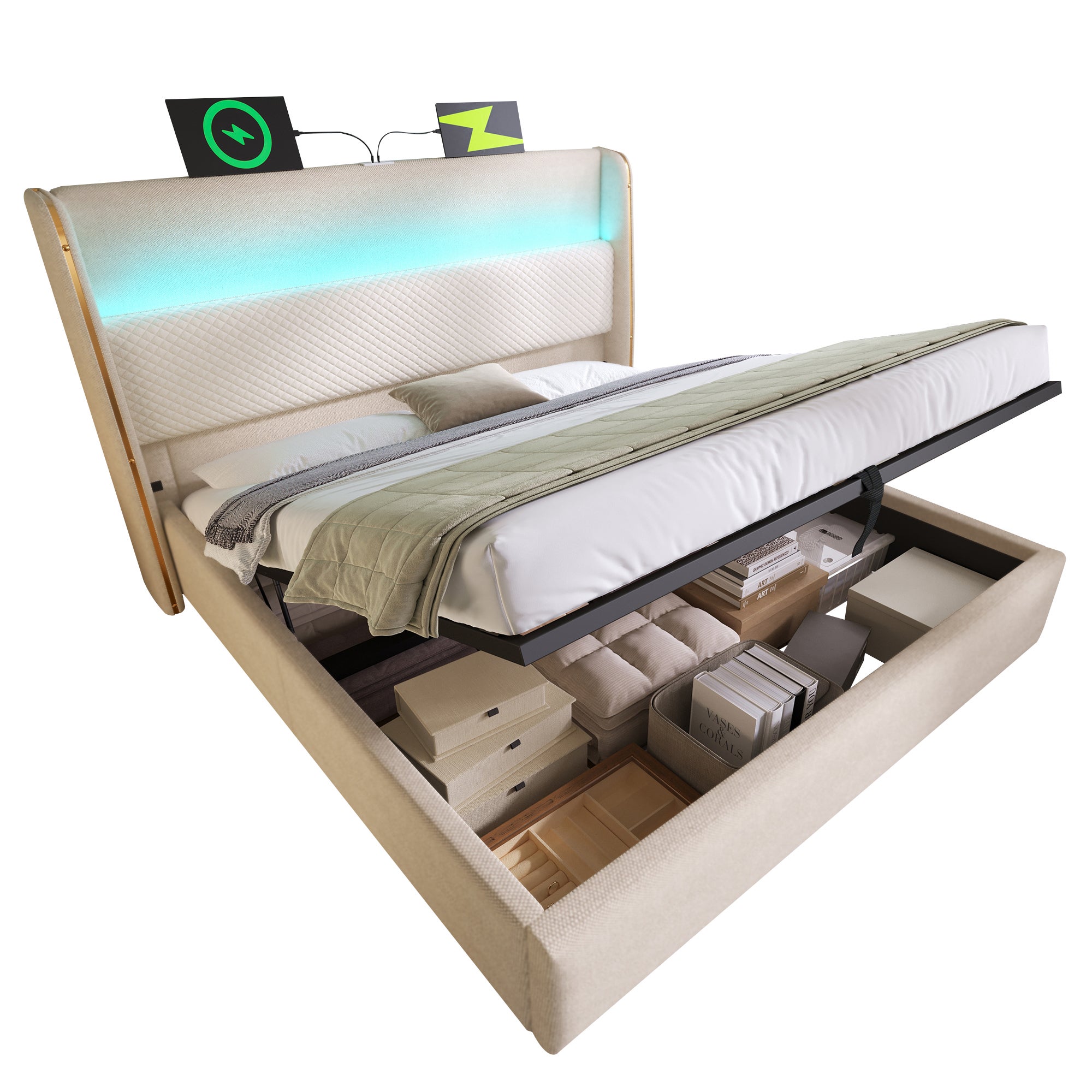 Łóżko tapicerowane 140x200cm, łóżko małżeńskie z oświetleniem LED, schowkiem i portami USB/Type-C, len, beż, bez materaca - 5