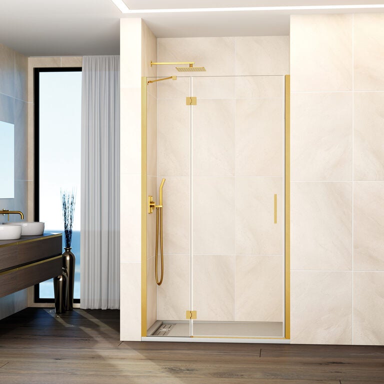 Paravan frontal GLASS panou fix + ușă batantă 125 cm (119,5-125; fix 40+ușă 80) auriu sticlă transparentă