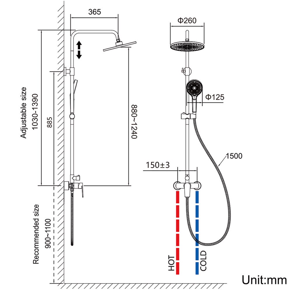 Colonne de Douche Mécanique Chromé,Ensemble Douche Ronde,Tête Douche10 Pouces,Douchette avec 3 Jets D'eau,Hauteur Réglable103-139 cm,EU Modèle - 4