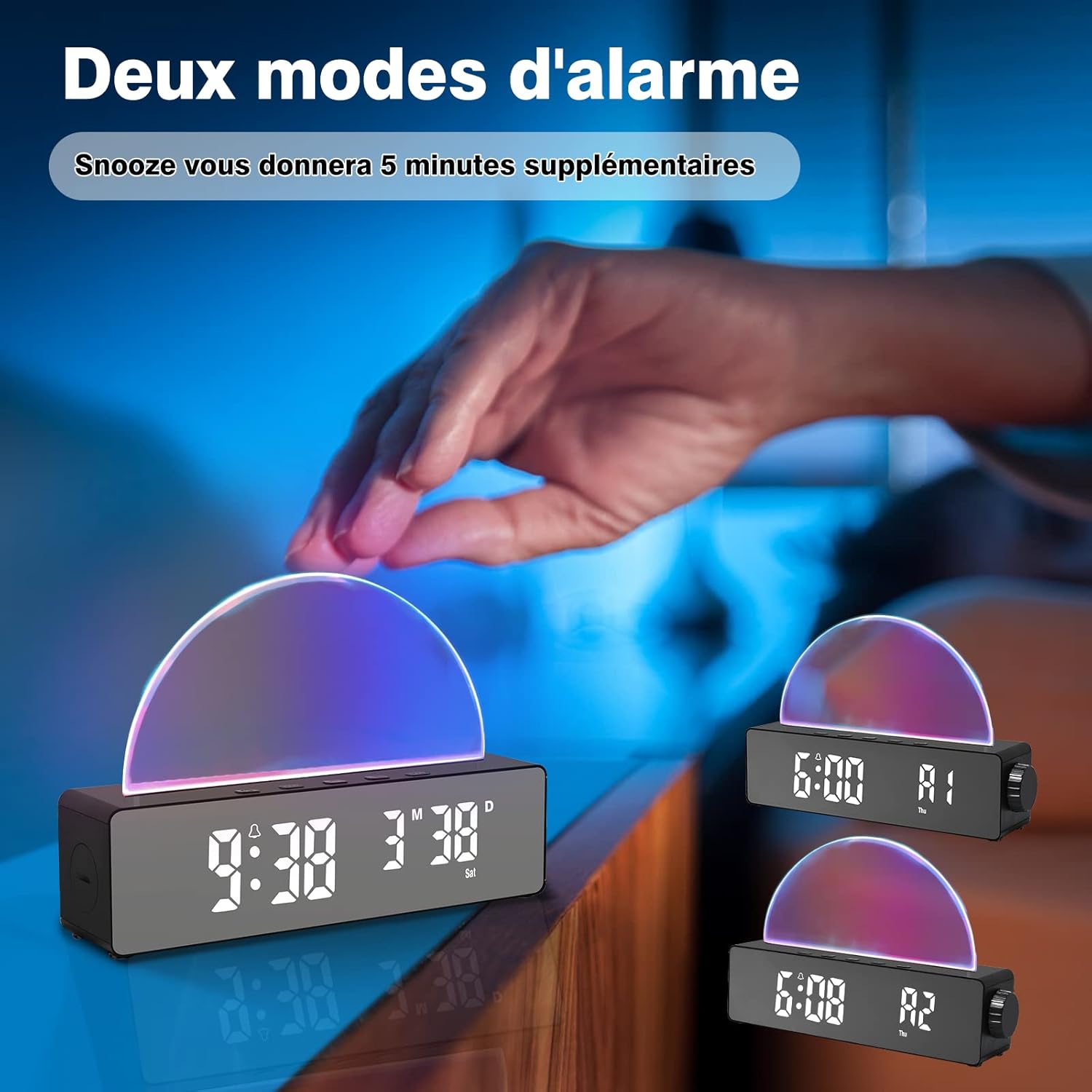 Réveil lumineux avec 10 modes de couleur, horloge numérique LED avec date/température, port de chargement USB, fonctions snooze et mode nuit (blanc) - 3