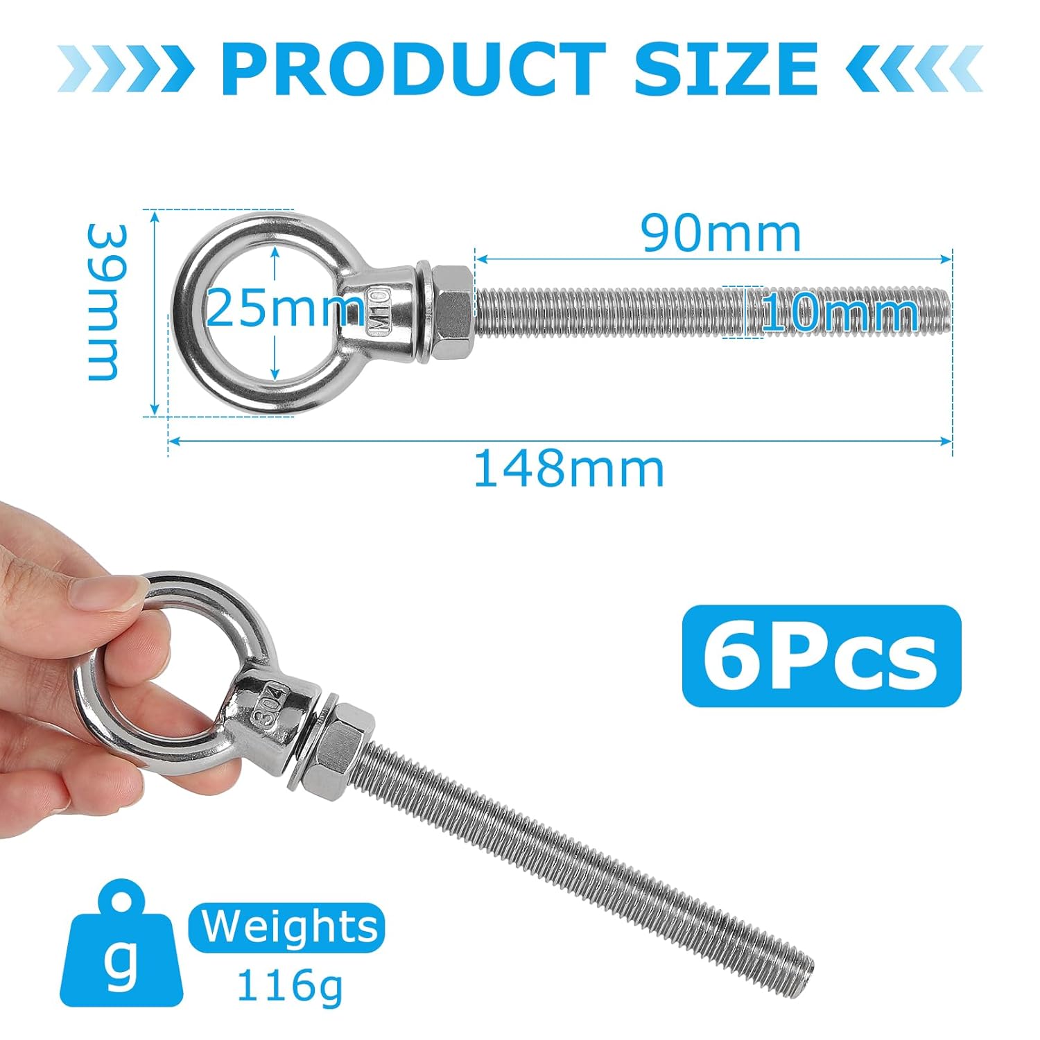 Vite ad anello M8, 4 viti ad occhiello in acciaio inox 304, con tappo a vite e rondelle, occhielli a vite, viti ad anello per il fissaggio, per appendere, interni, esterni
